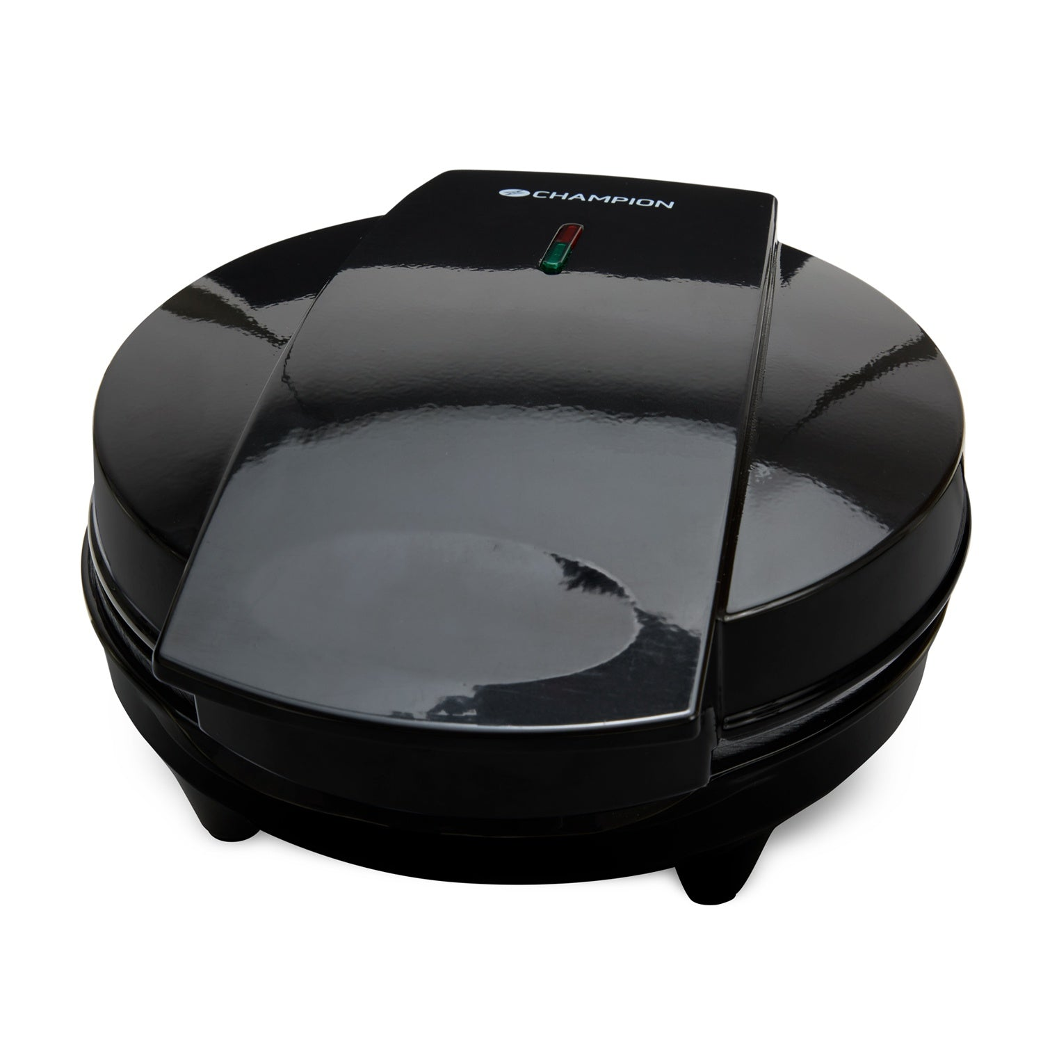 A black waffle maker with Champion logo and a green/red LED light.