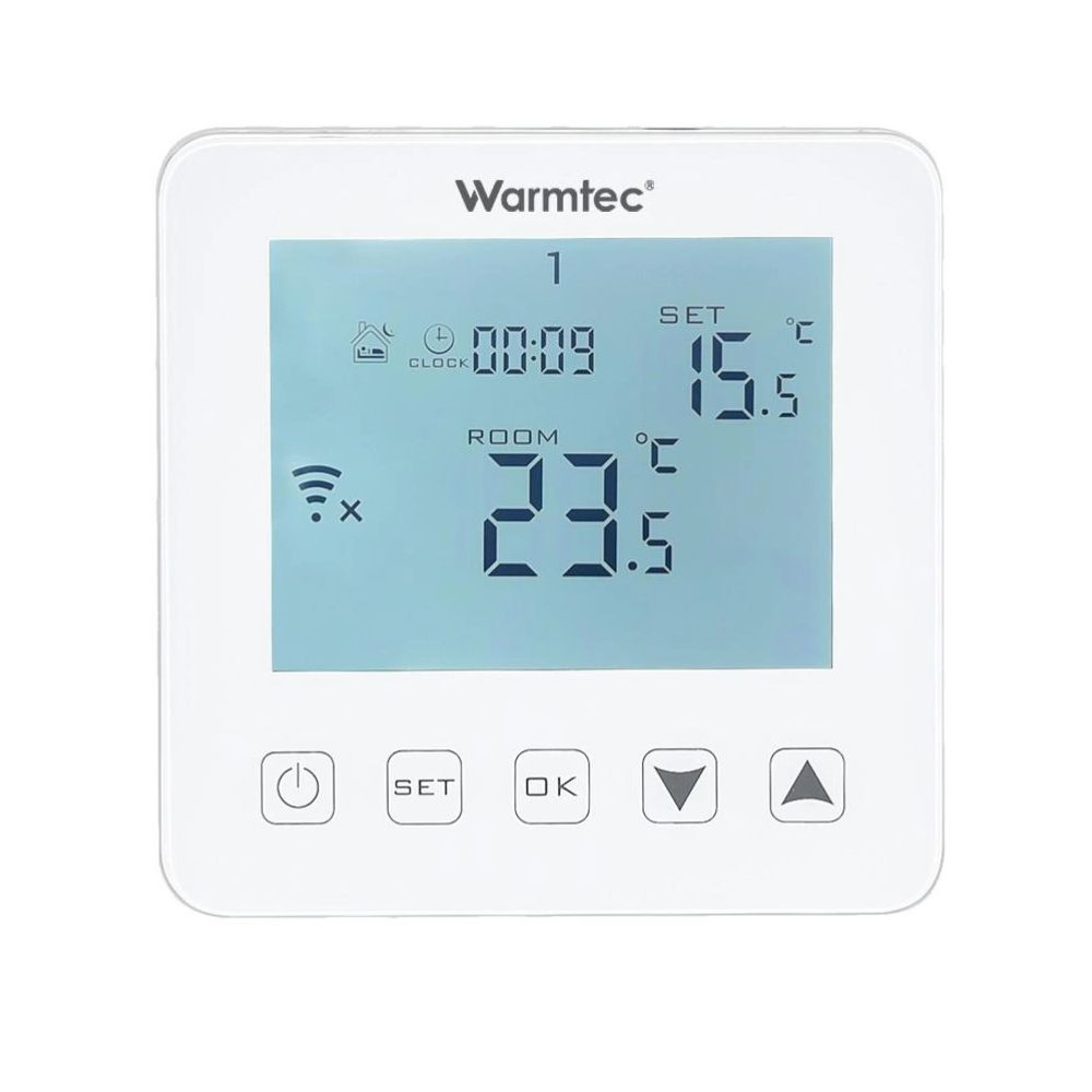 Termostat Warmtec: Zegar 00:09, ustawiona 15.5°C, pokój 23.5°C.
