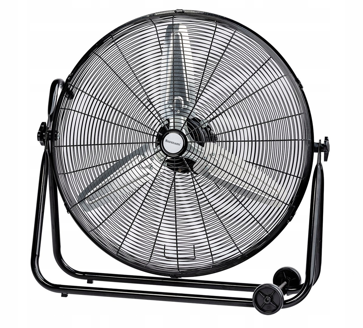 Duży czarny wentylator podłogowy z kółkami i metalową kratką.