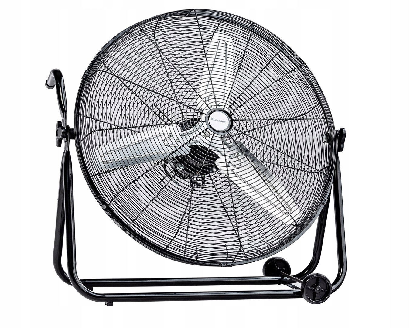 Duży czarny wentylator podłogowy z kółkami i uchwytem.