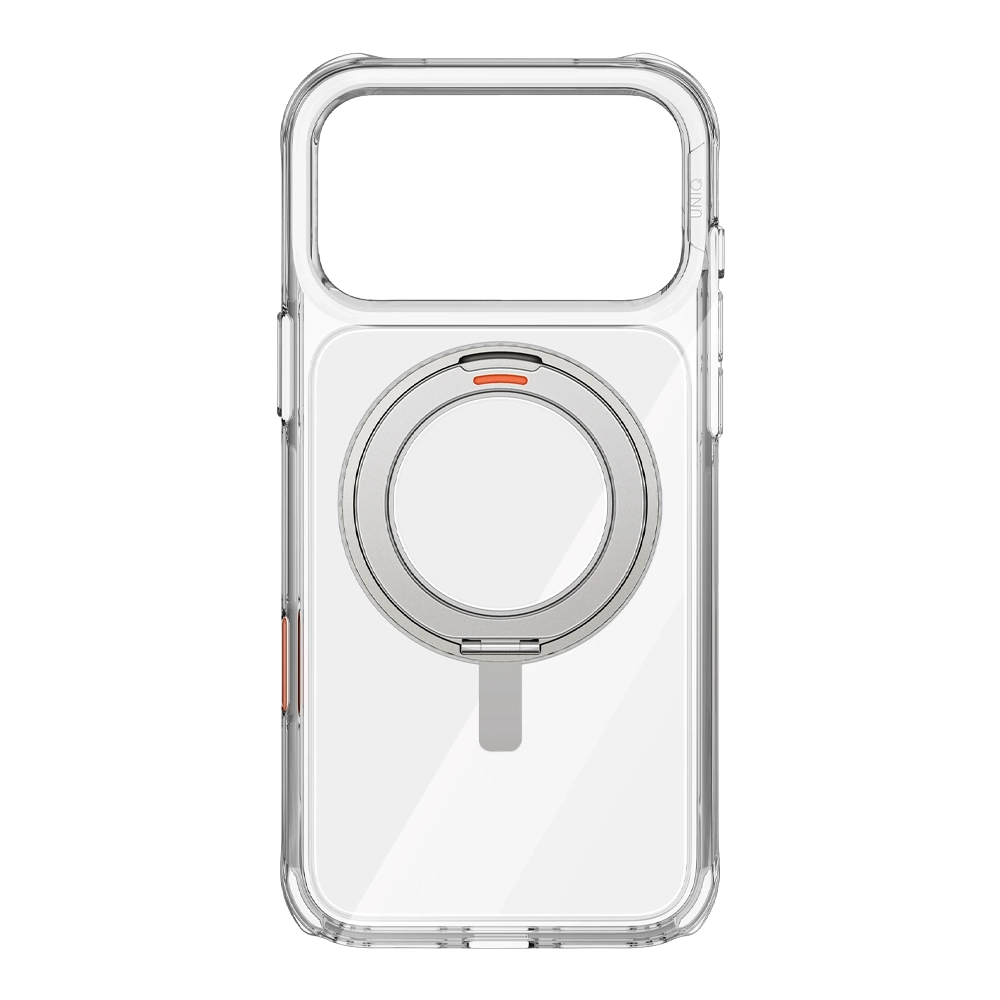 Turuncu vurgulu, manyetik halkalı şeffaf telefon kılıfı.