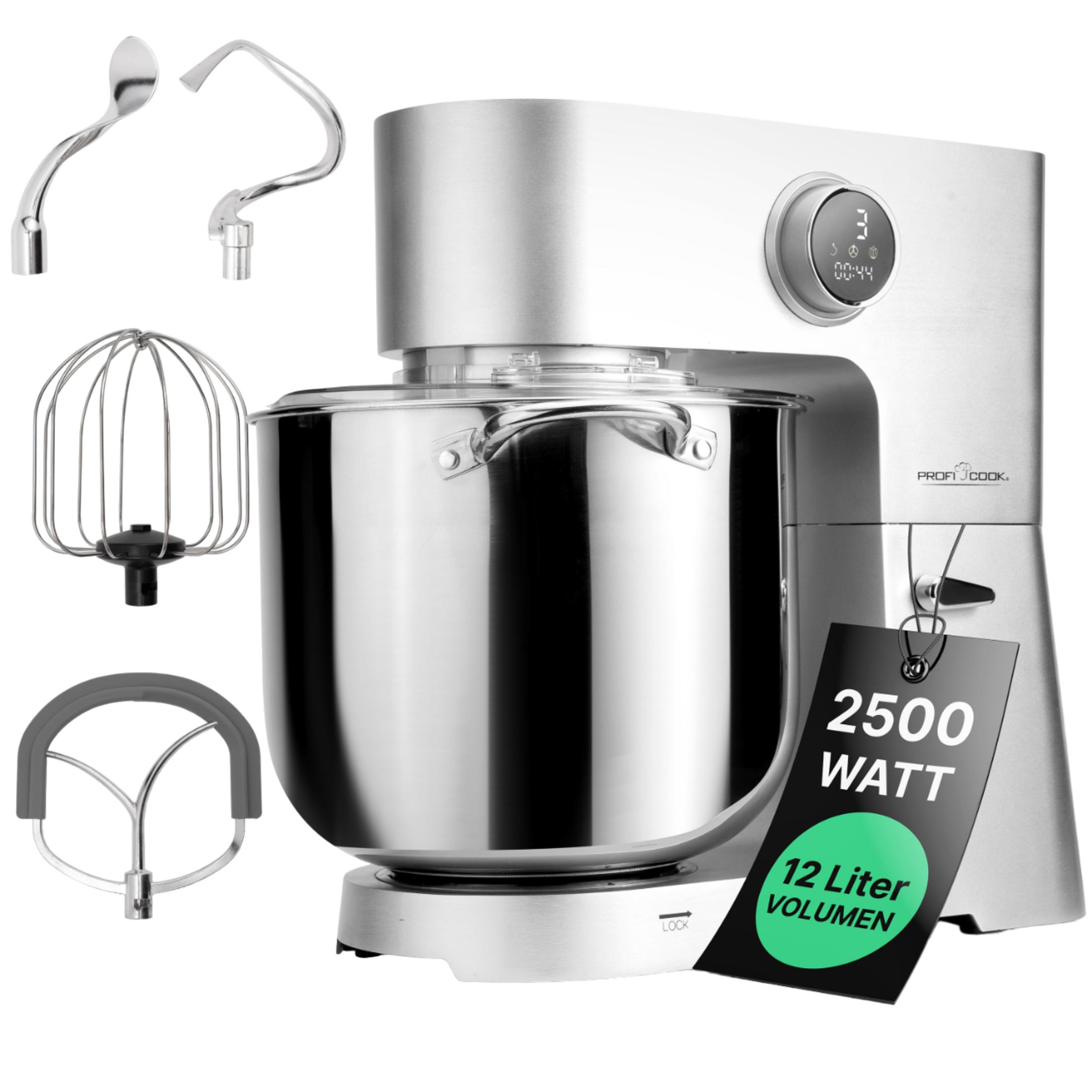 Srebrna robot kuchenny z misą i akcesoriami. 2500 watów.