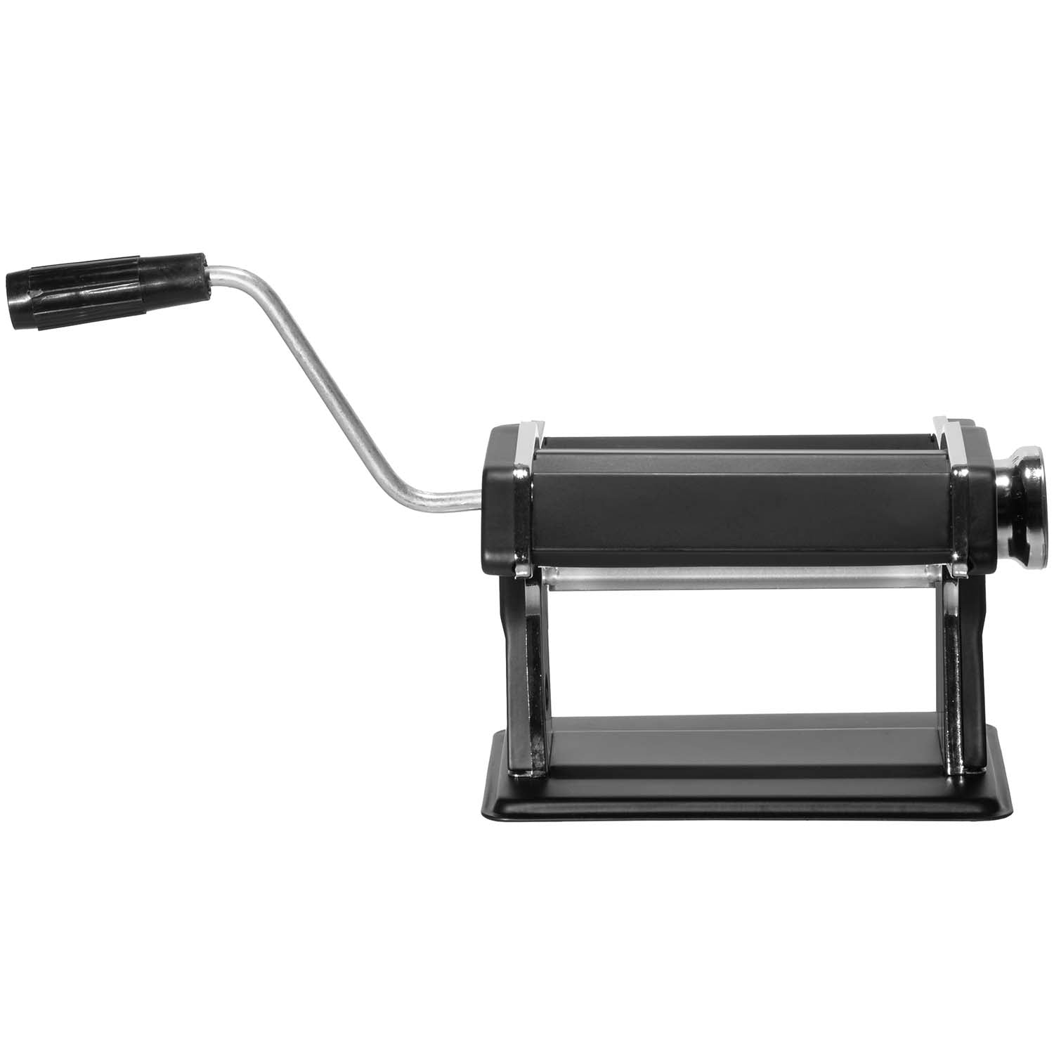 Black pasta machine with silver crank and black handle.