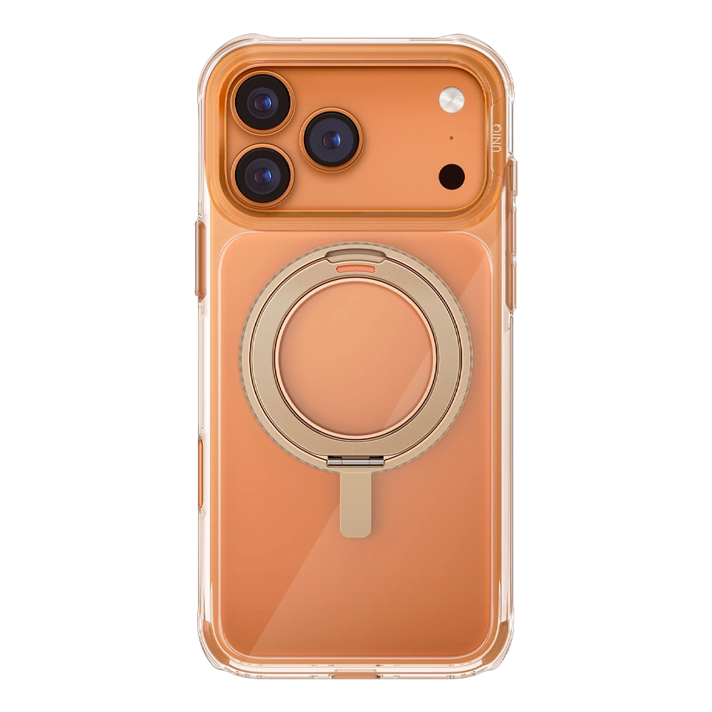 Şeffaf arkalı ve altın halka tutuculu turuncu iPhone kılıfı.