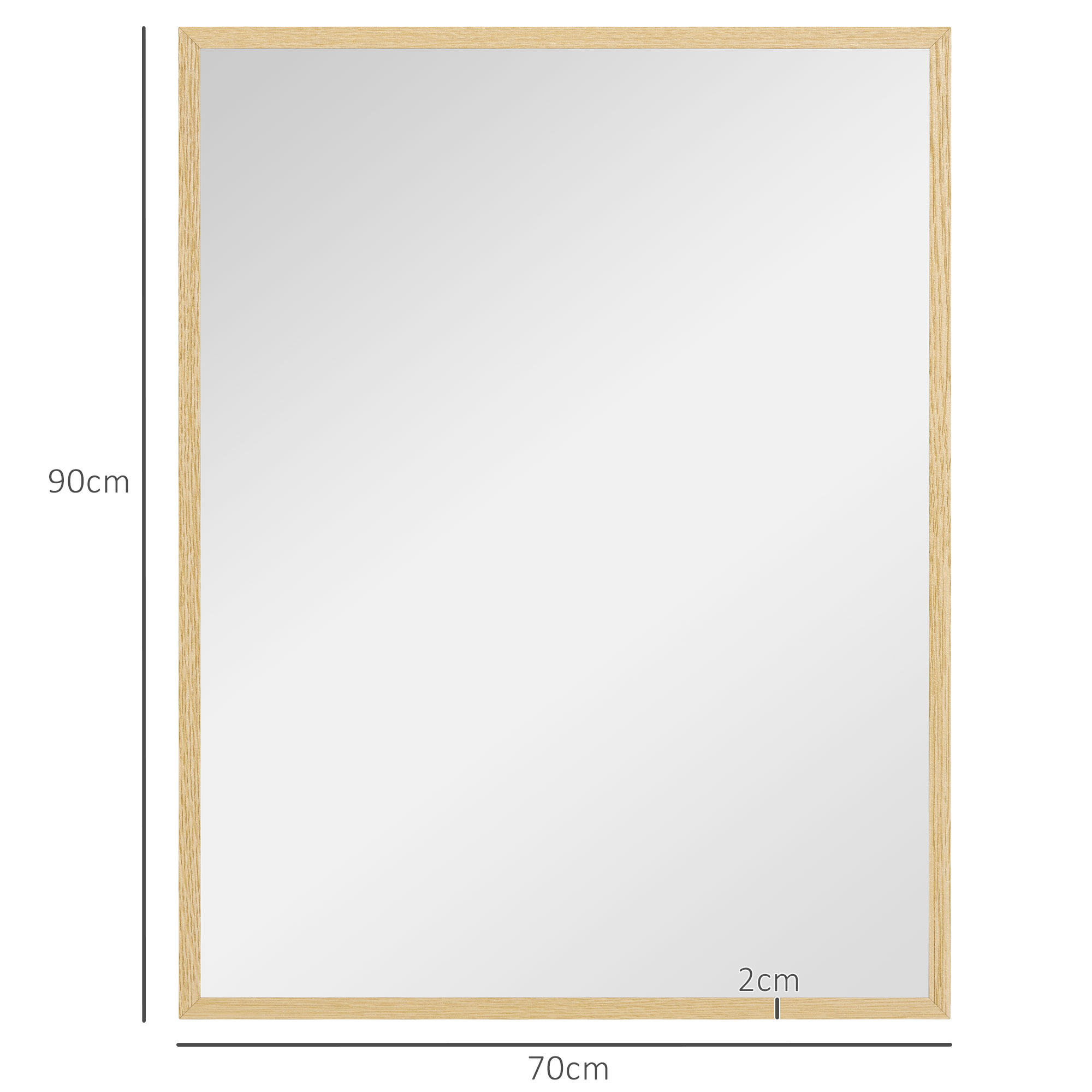 Un espejo rectangular con marco de madera clara, 90x70cm.