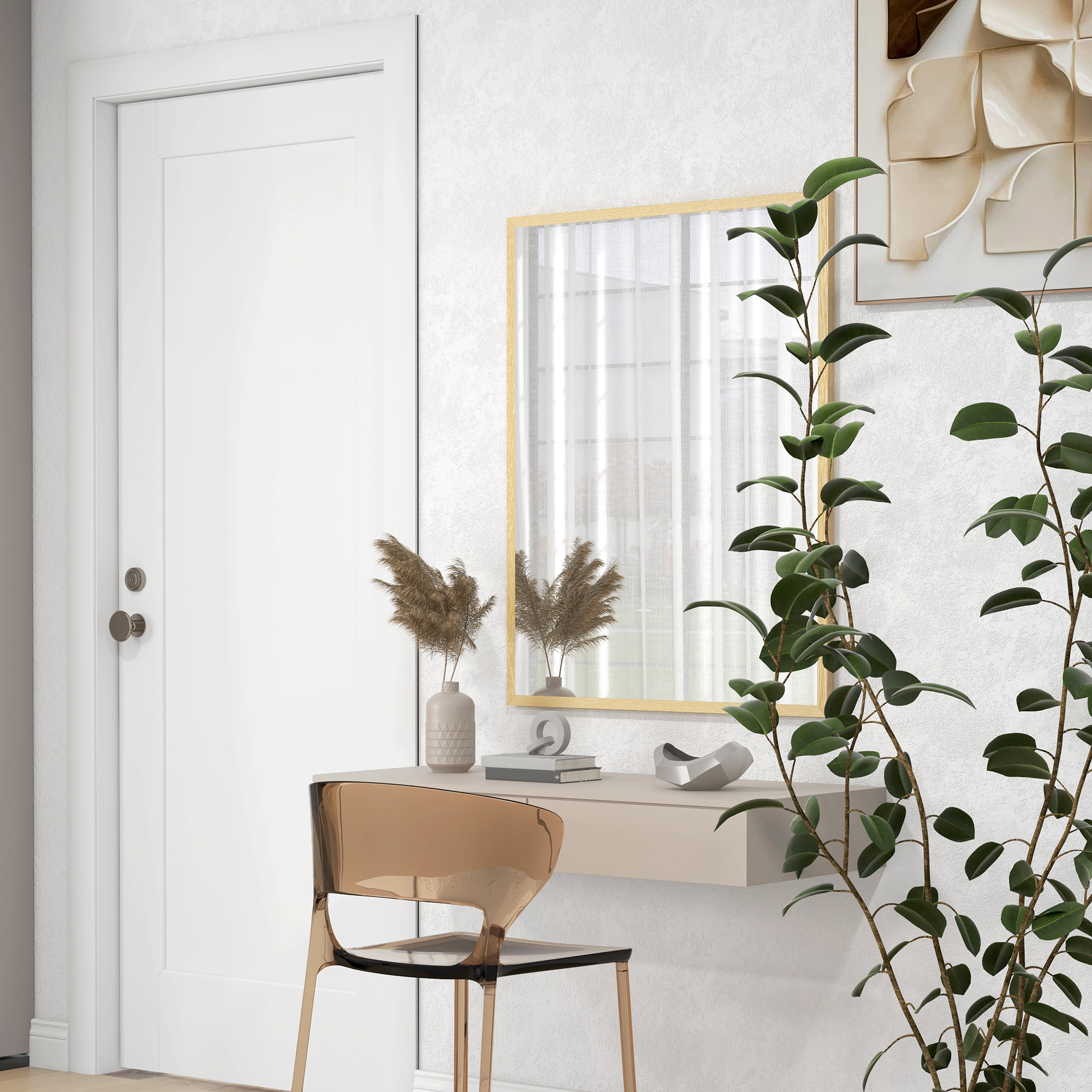Una habitación moderna con puerta, tocador, espejo, planta y obra de arte.