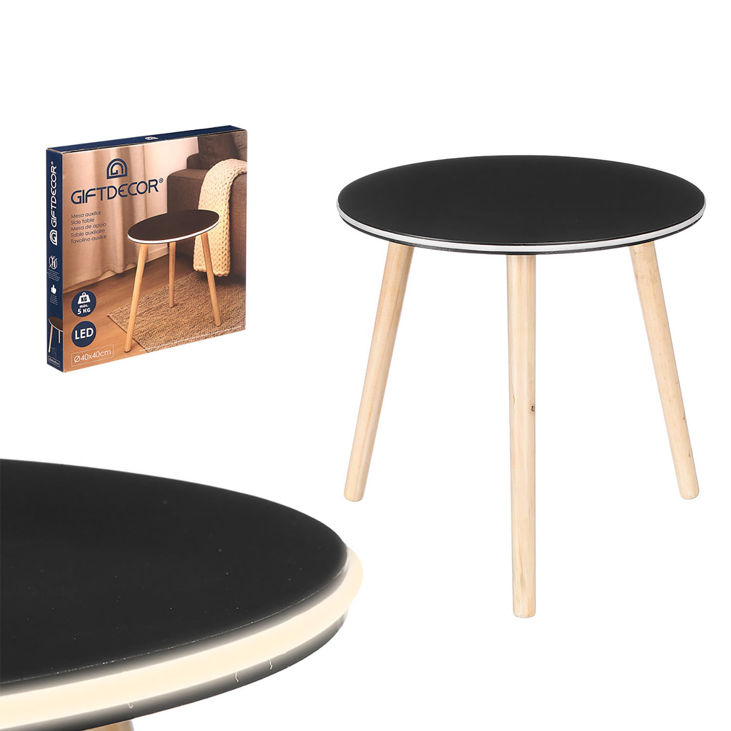 Un tavolino rotondo e nero con gambe in legno e illuminazione LED.