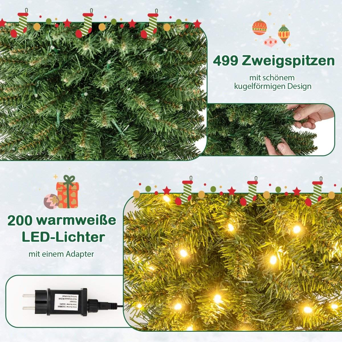 Close-up van een kunstkerstboom met 499 takpunten en 200 warmwitte lampjes.