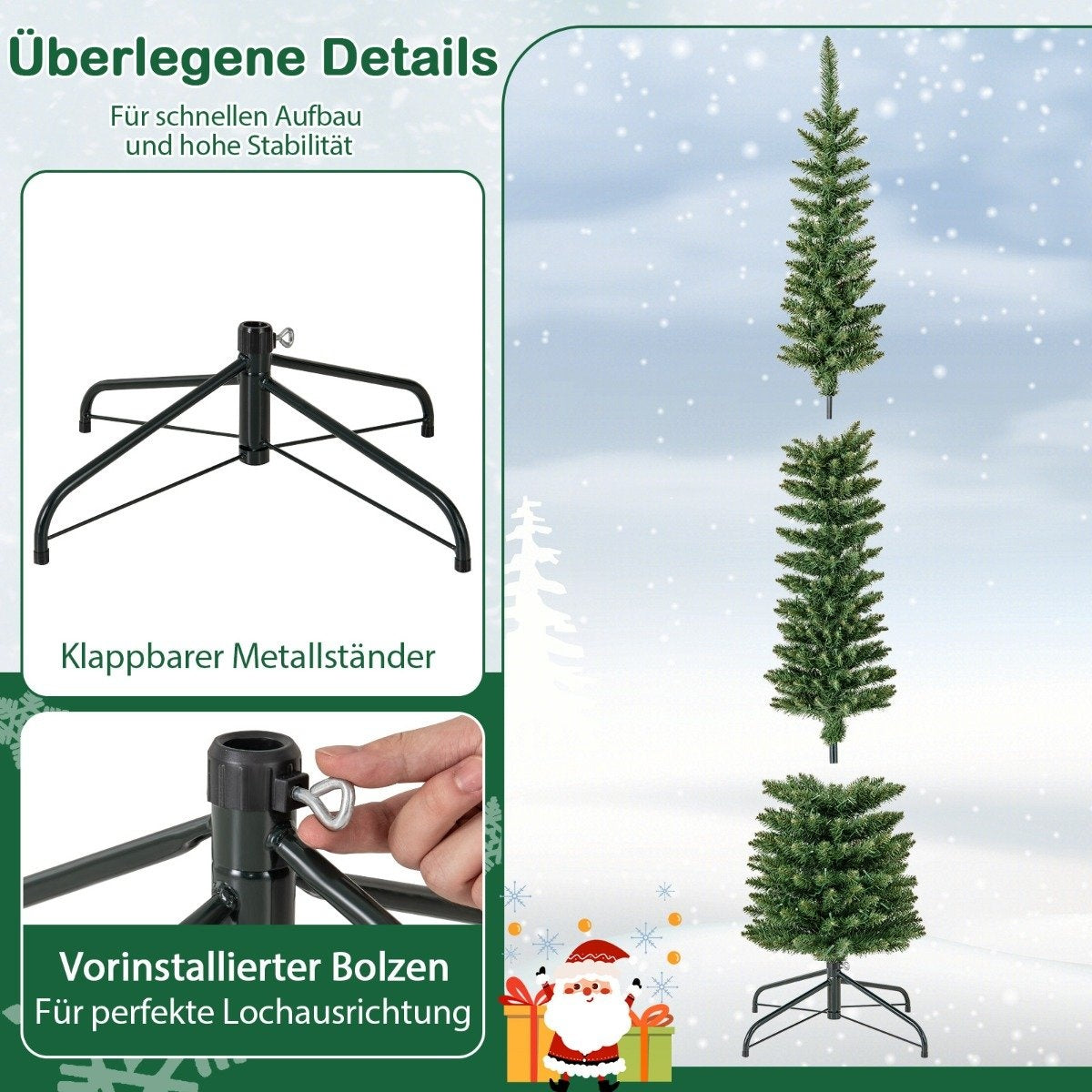 Een opvouwbare metalen standaard voor kerstbomen met bout en twee boomdelen.