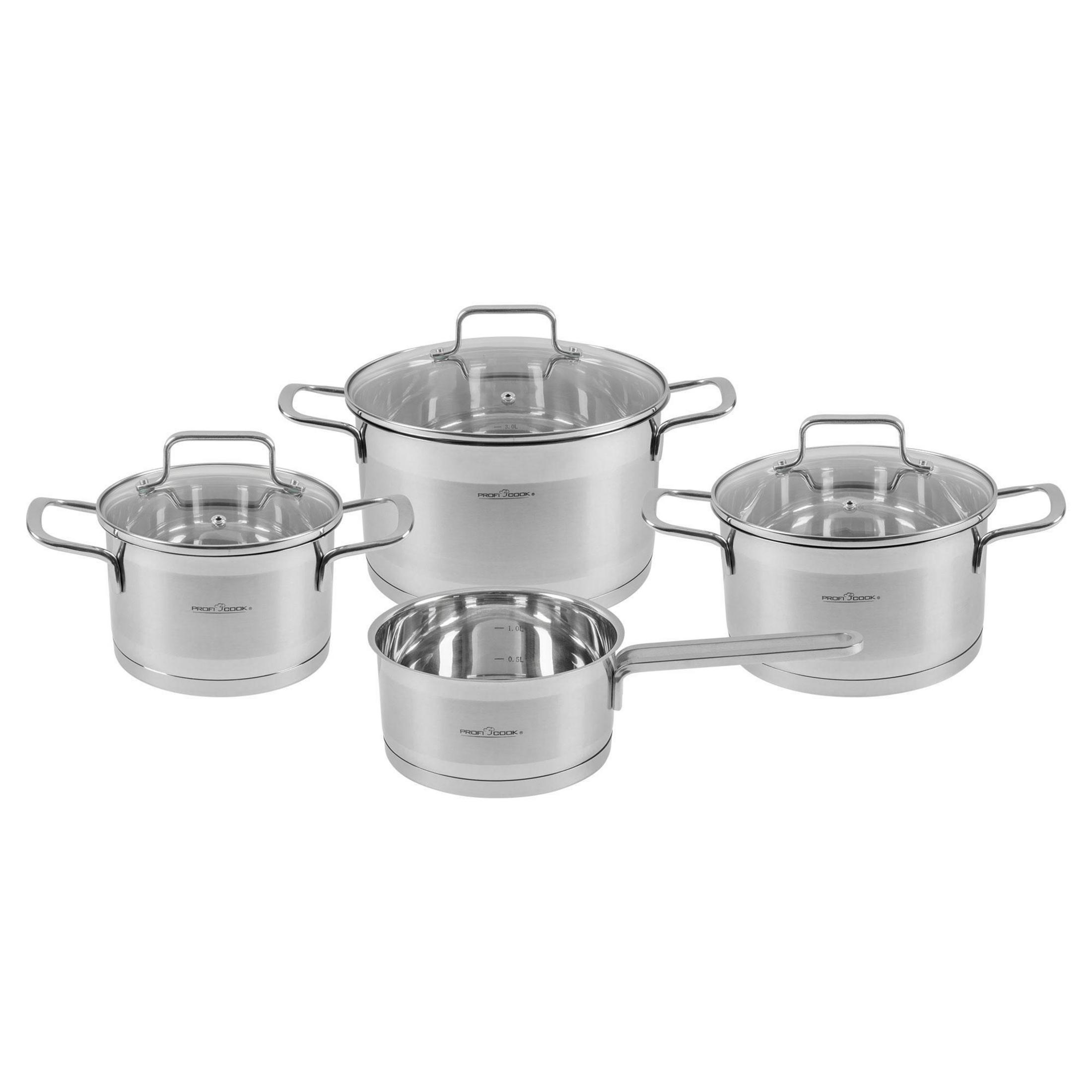 Garnki ze stali nierdzewnej z szklanymi pokrywami w różnych rozmiarach, białe tło.