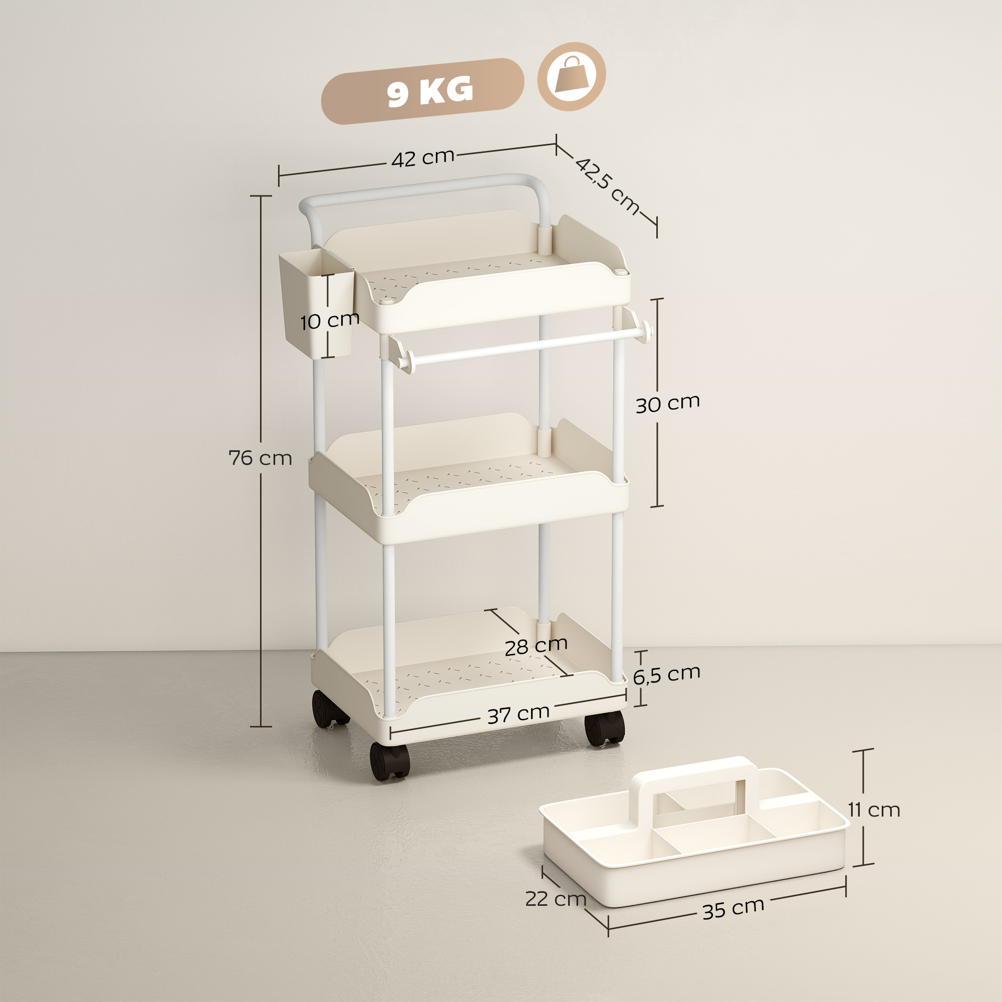Un carrito rodante de tres niveles color crema con un pequeño organizador al lado.