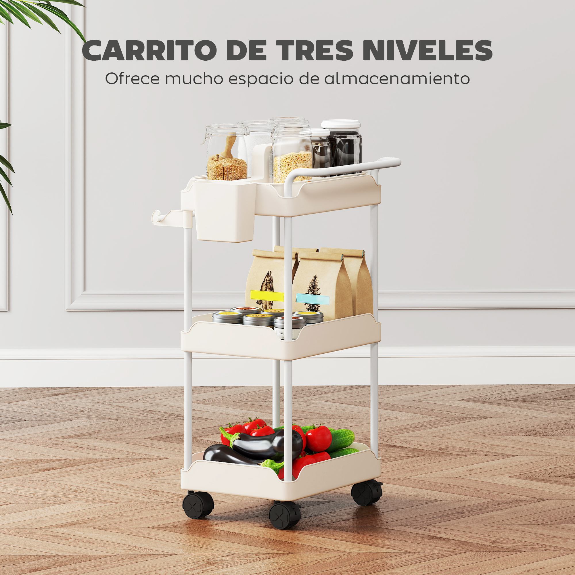 Carrito beige de 3 niveles con frascos, bolsas de papel, latas y verduras.
