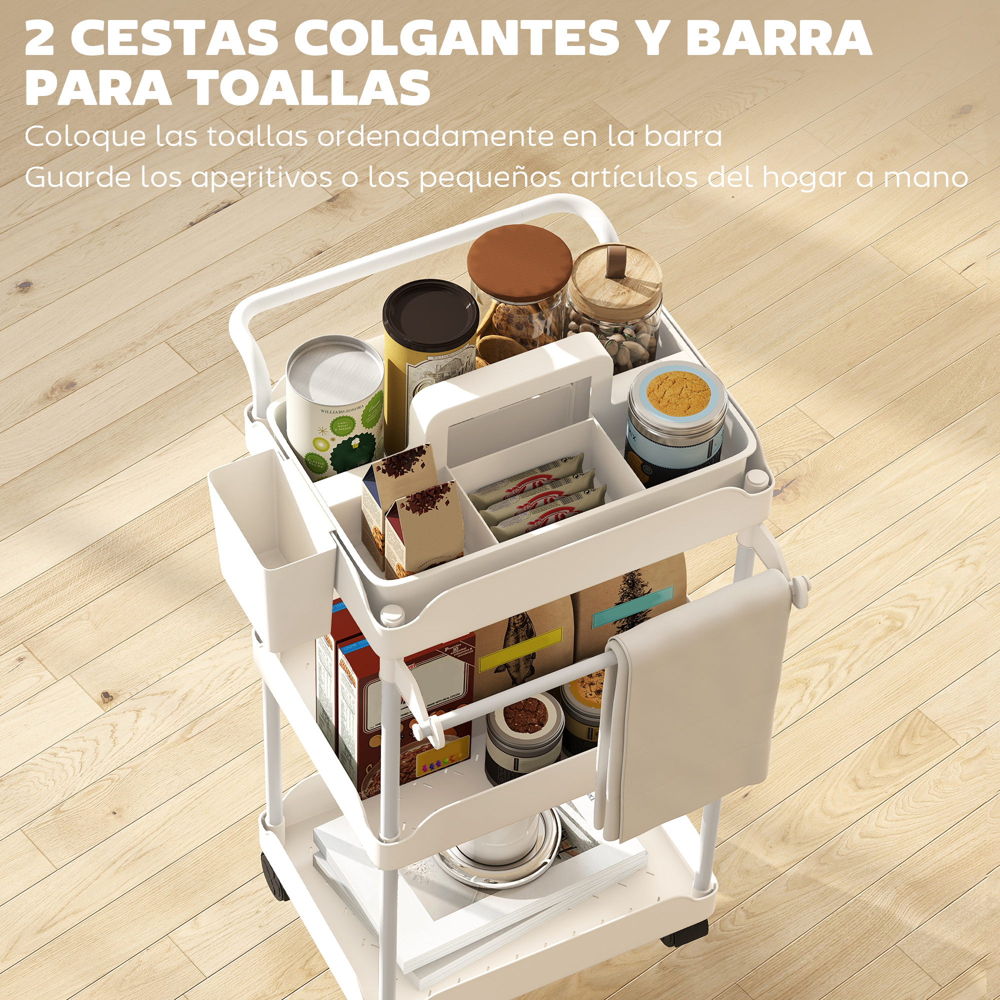 Un carrito blanco con ruedas lleno de comida y toallas sobre madera.