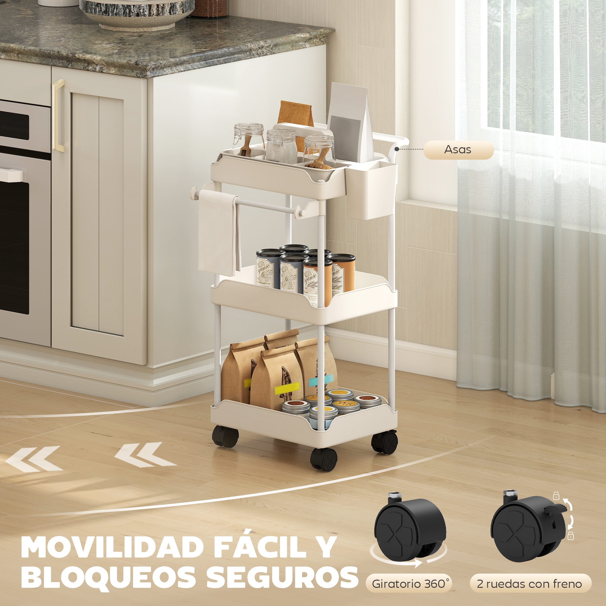 Un carrito de cocina blanco con tarros, latas y bolsas sobre suelo de madera.
