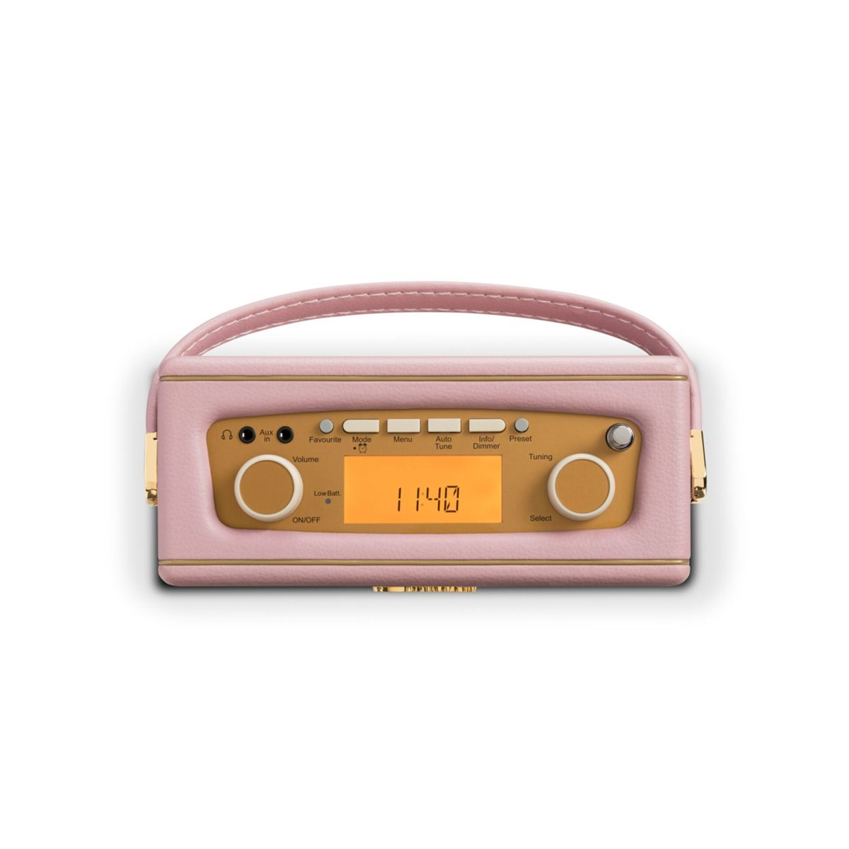 Ein rosafarbener Radio mit Tragegriff und digitaler Anzeige von 11:40.