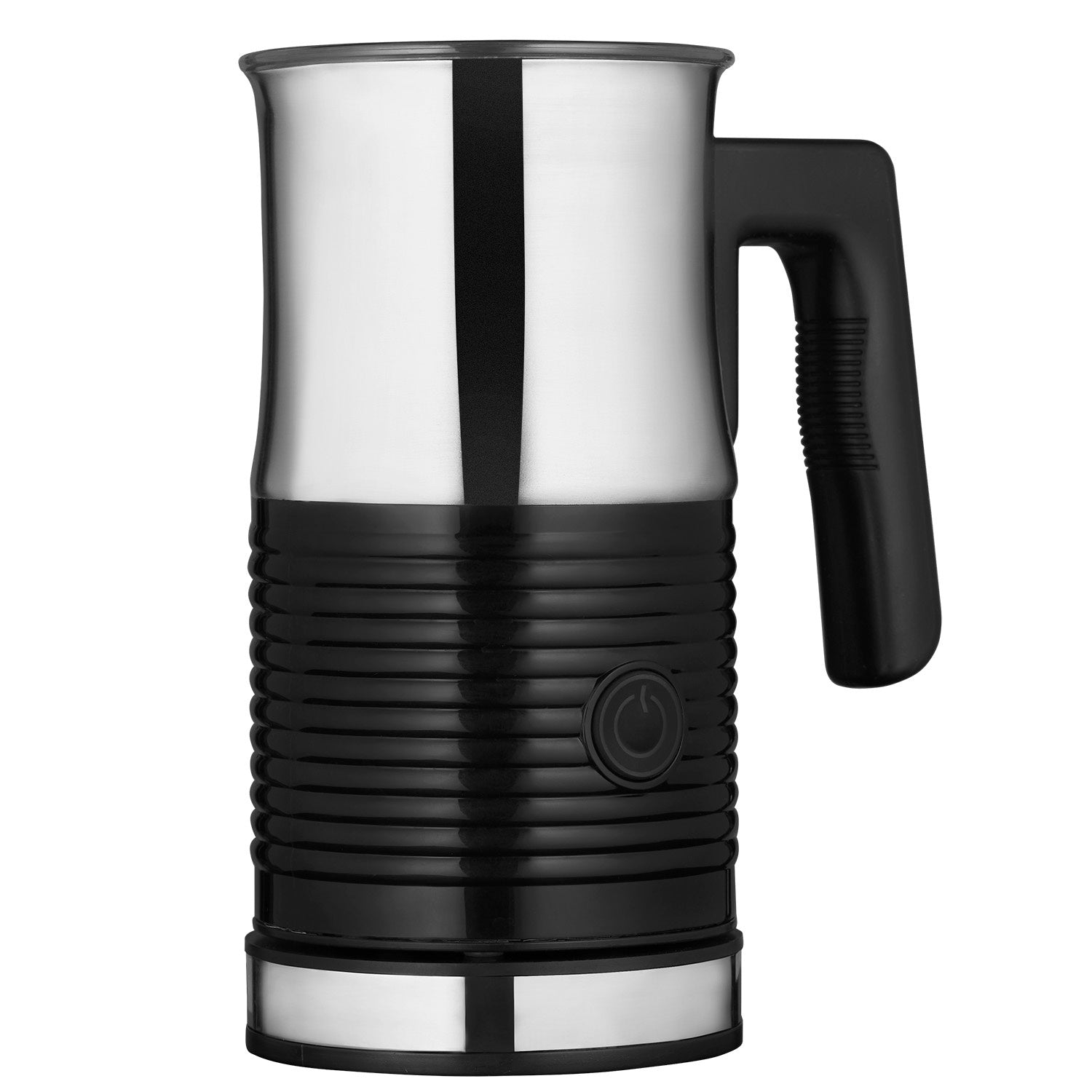 A silver and black milk frother with a black handle.