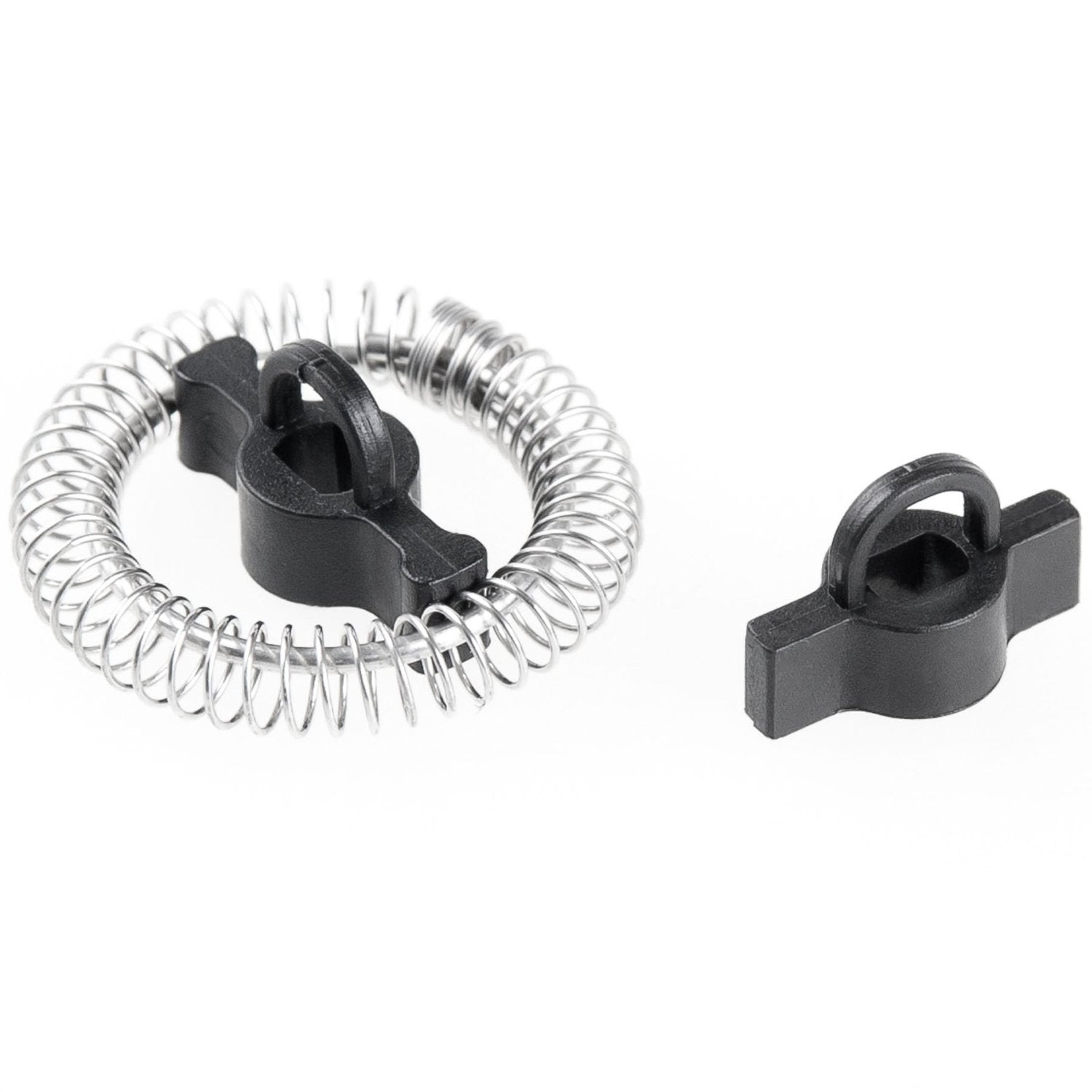 Two black plastic whisk attachments with springs on a white background.
