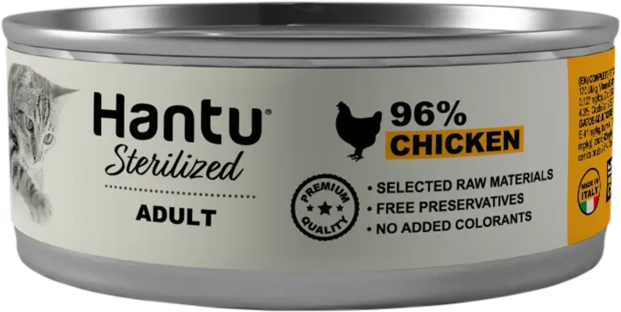 Lata de comida para gatos Hantu Sterilized Adult con 96% de pollo, hecha en Italia.