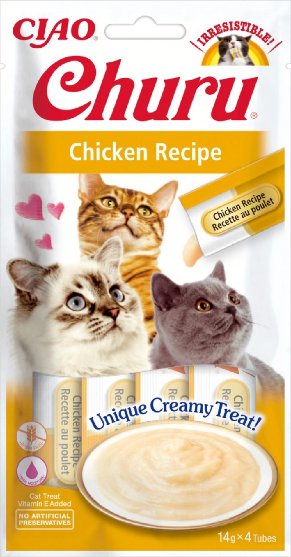 Envase de golosina para gatos Churu con tres gatos y golosina cremosa de receta de pollo.