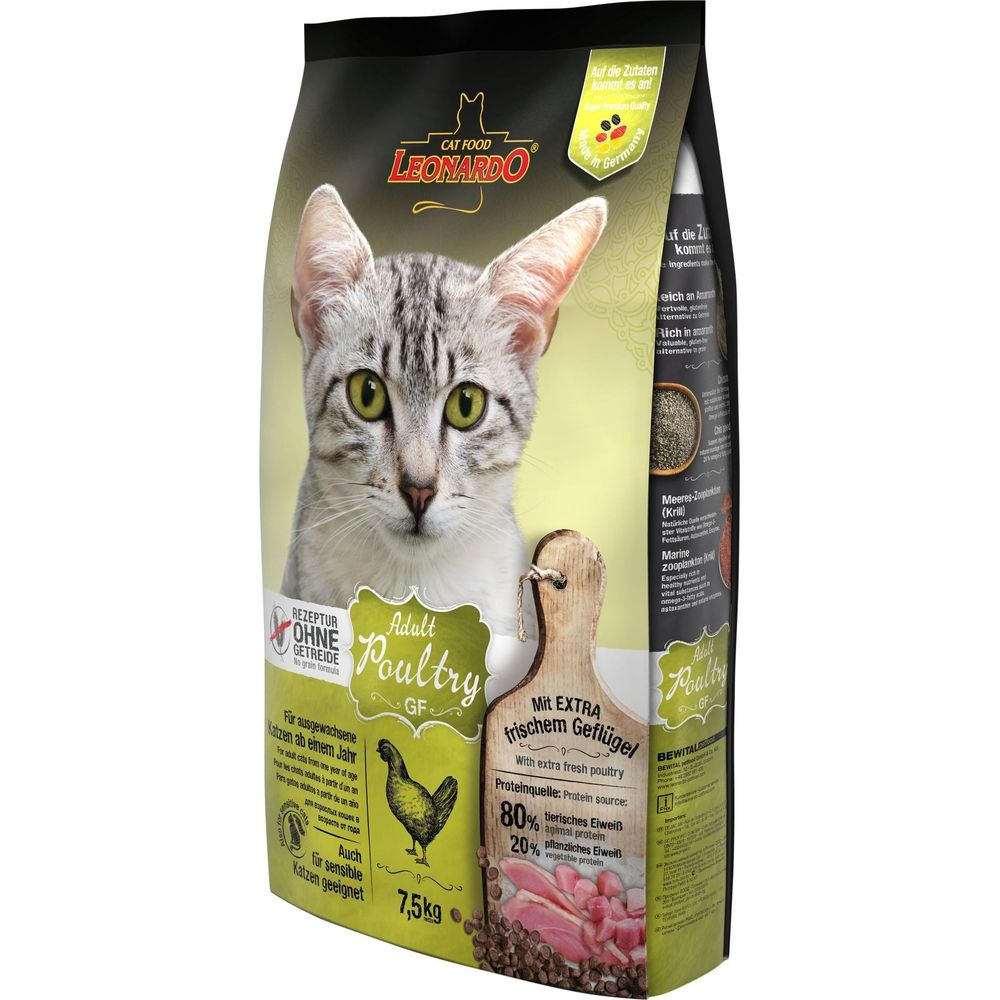 Envase de comida para gatos con cabeza de gato, ave y lista de ingredientes.