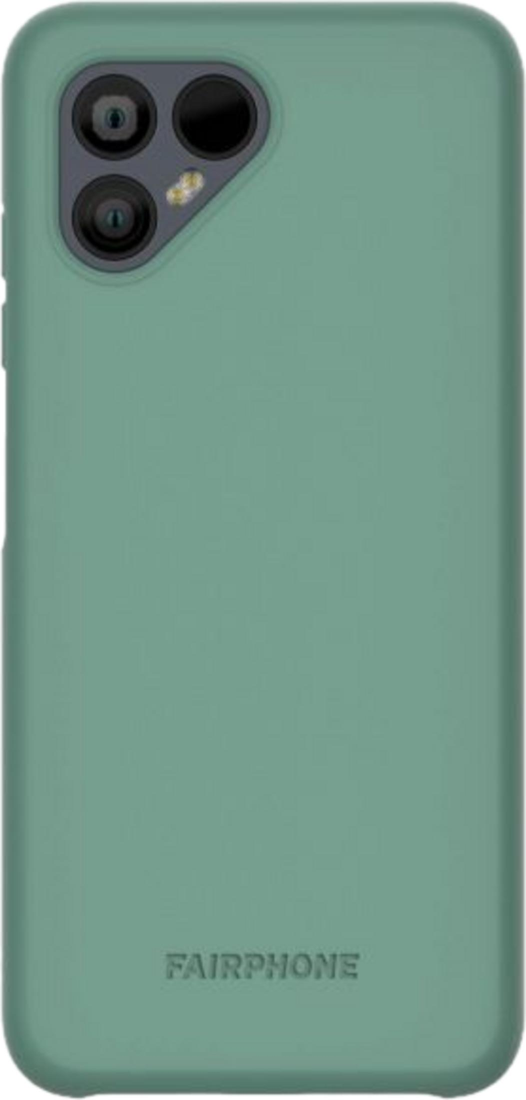 Grüne Handyhülle mit dreifacher Kamera und FAIRPHONE-Logo.