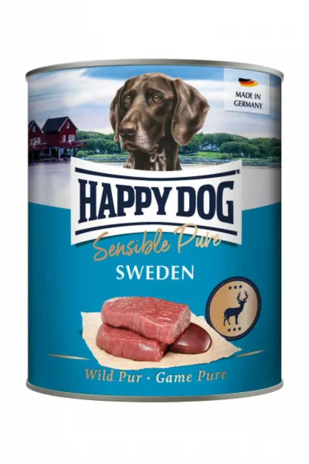 Lata de comida para perros con imagen de perro, carne y emblema de ciervo.