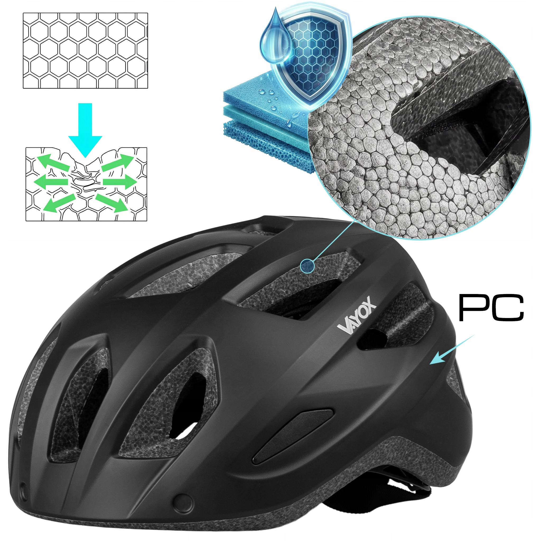 Czarny kask rowerowy z piankowym wypełnieniem i otworami wentylacyjnymi.