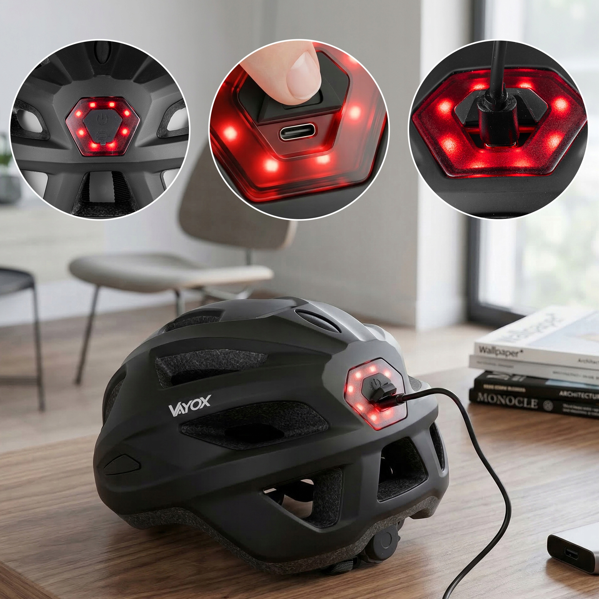 Czarny kask rowerowy z czerwonym światłem tylnym ładowany przez USB.