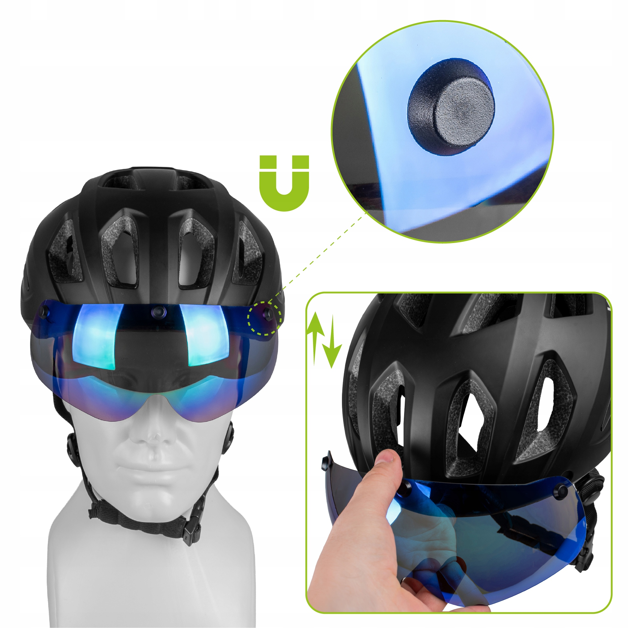 Czarny kask rowerowy z niebieskim wizjerem, widok mocowania.