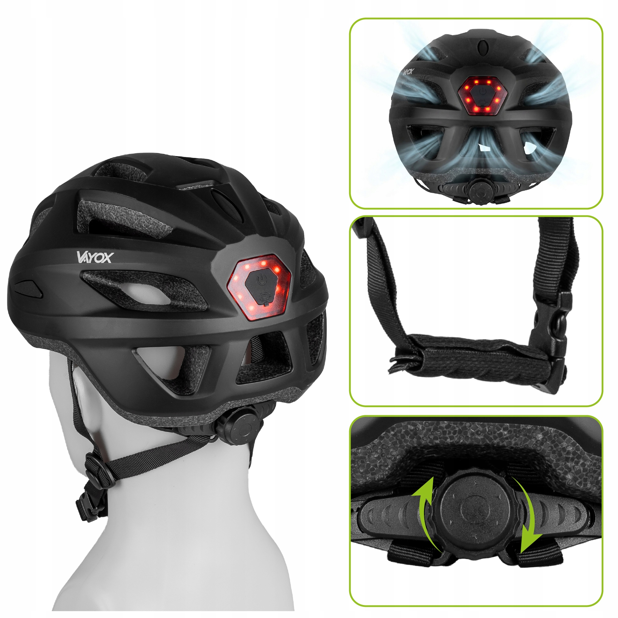 Czarny kask rowerowy z tylnym światłem i wentylacją