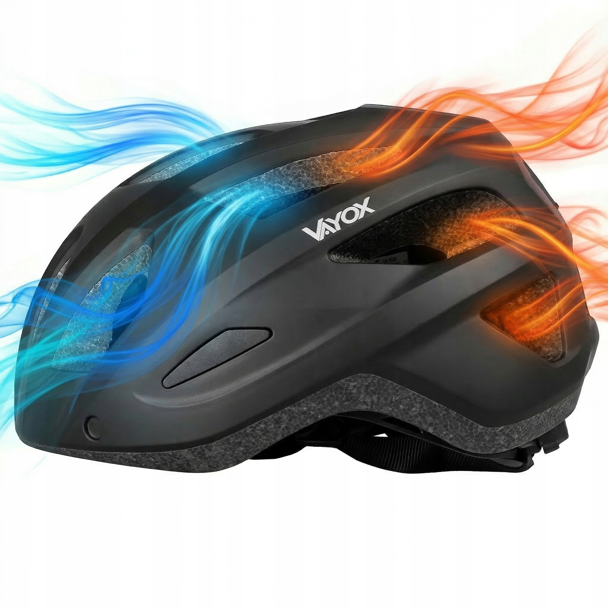 Czarny kask rowerowy z niebieskimi i pomarańczowymi strumieniami powietrza wskazującymi wentylację.