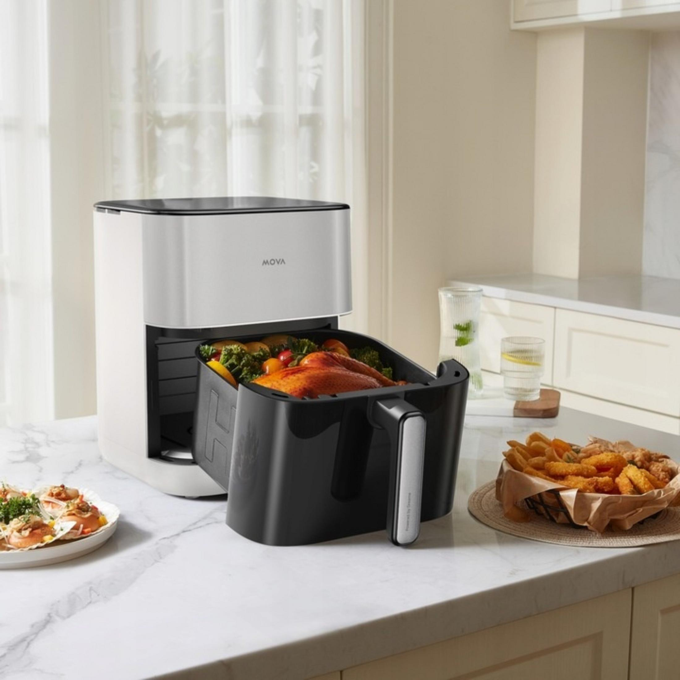 Biała frytkownica beztłuszczowa z kurczakiem i warzywami w koszu. Frytki obok.