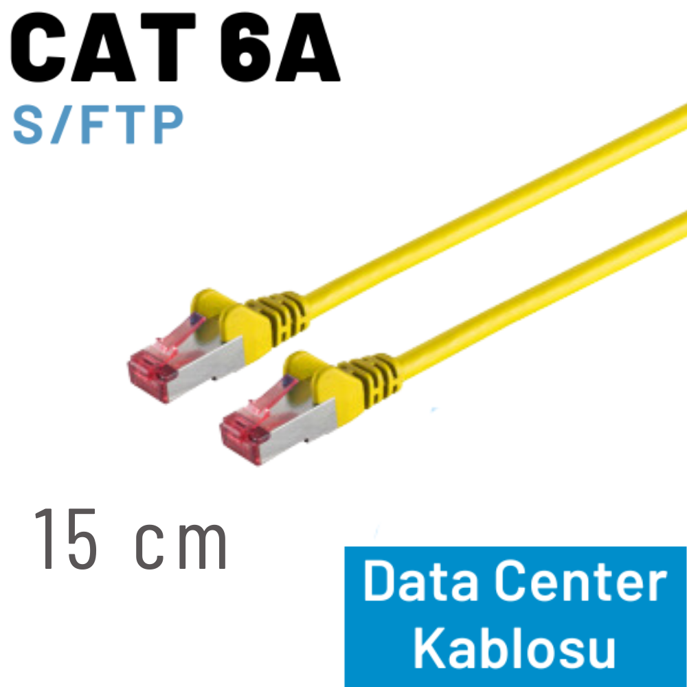 İki RJ45 konektörlü sarı CAT 6A S/FTP ağ kablosu.