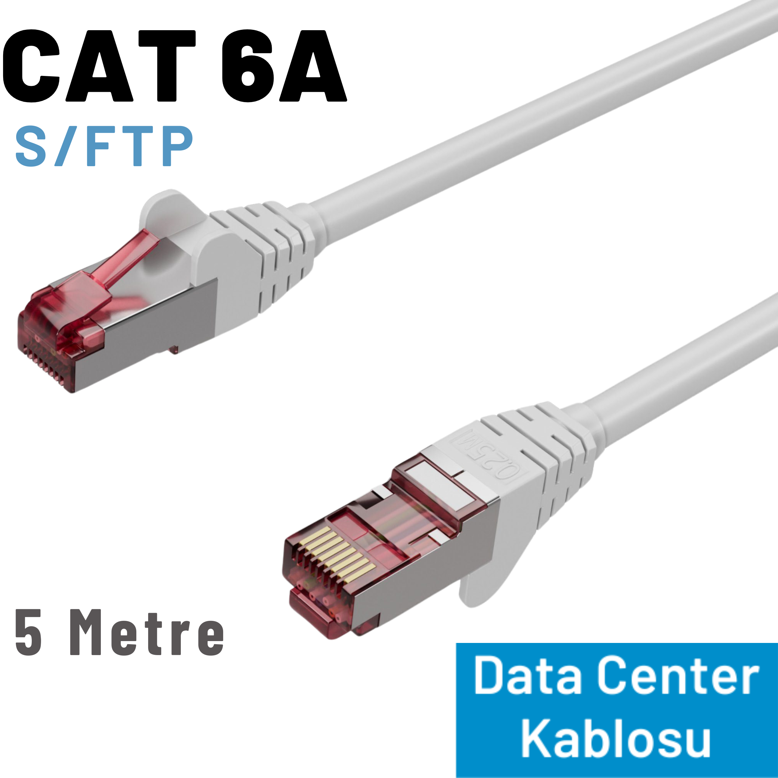 CAT 6A S/FTP ağ kablosu, 5 metre uzunluğunda, kırmızı konektörlü.