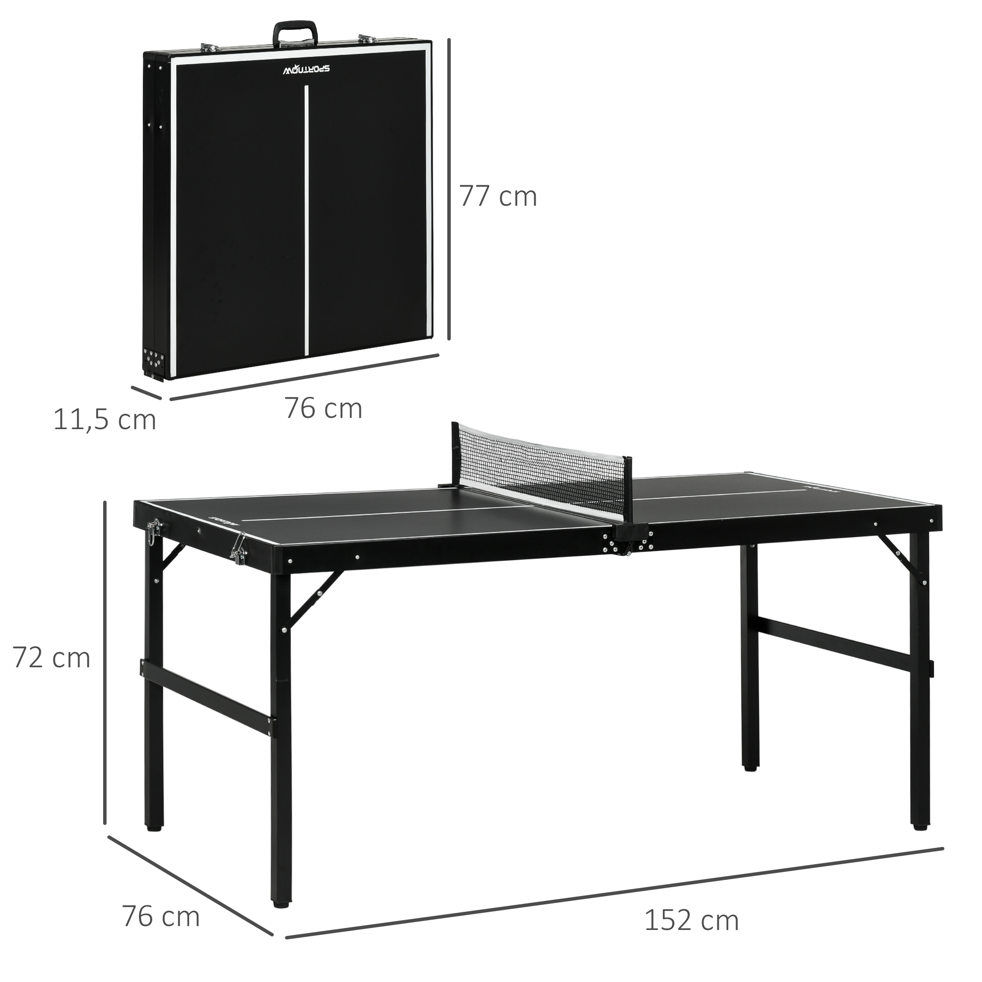 Mesa de ping-pong negra y plegable con red y dimensiones indicadas.