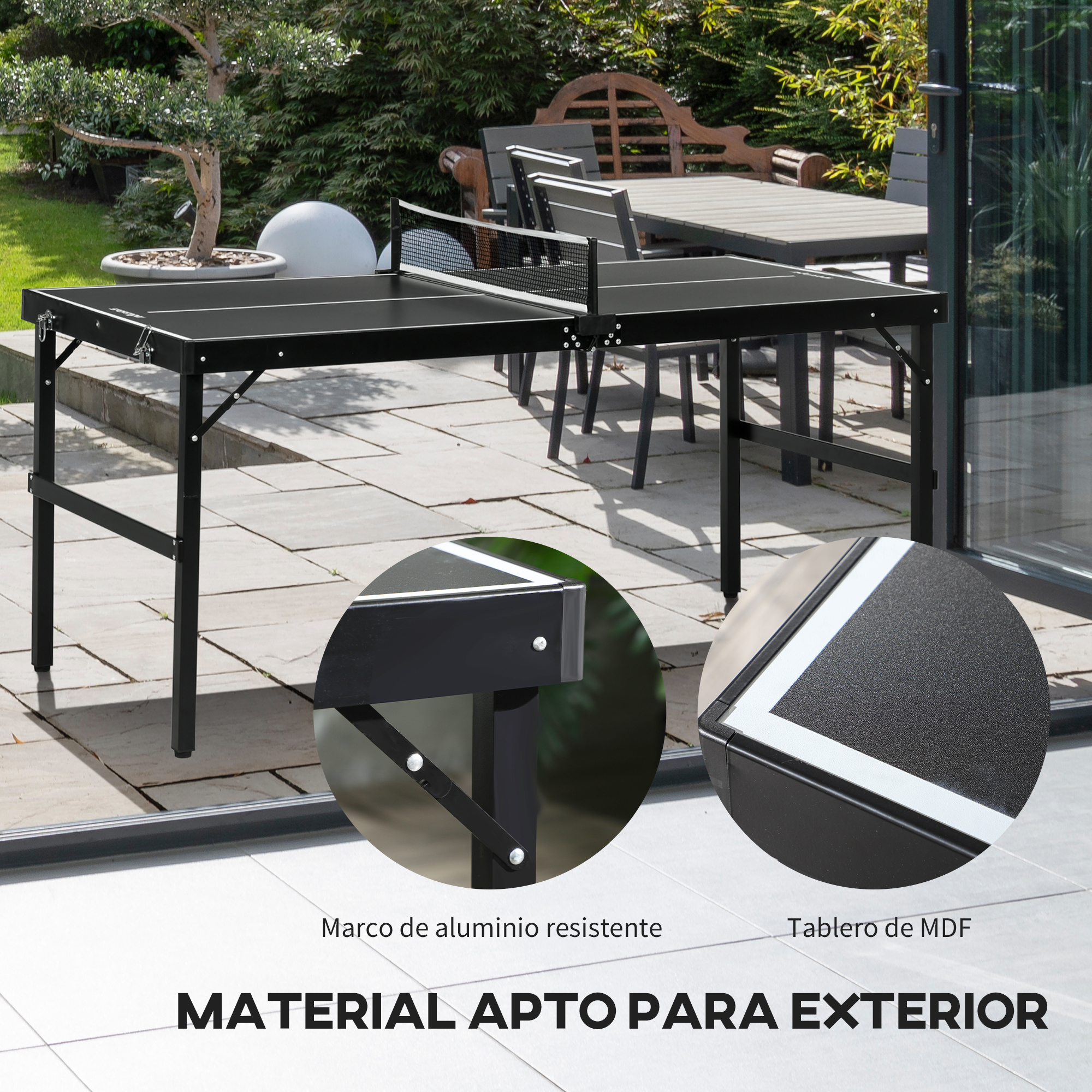 Mesa de ping pong negra para exterior con marco de metal y red.