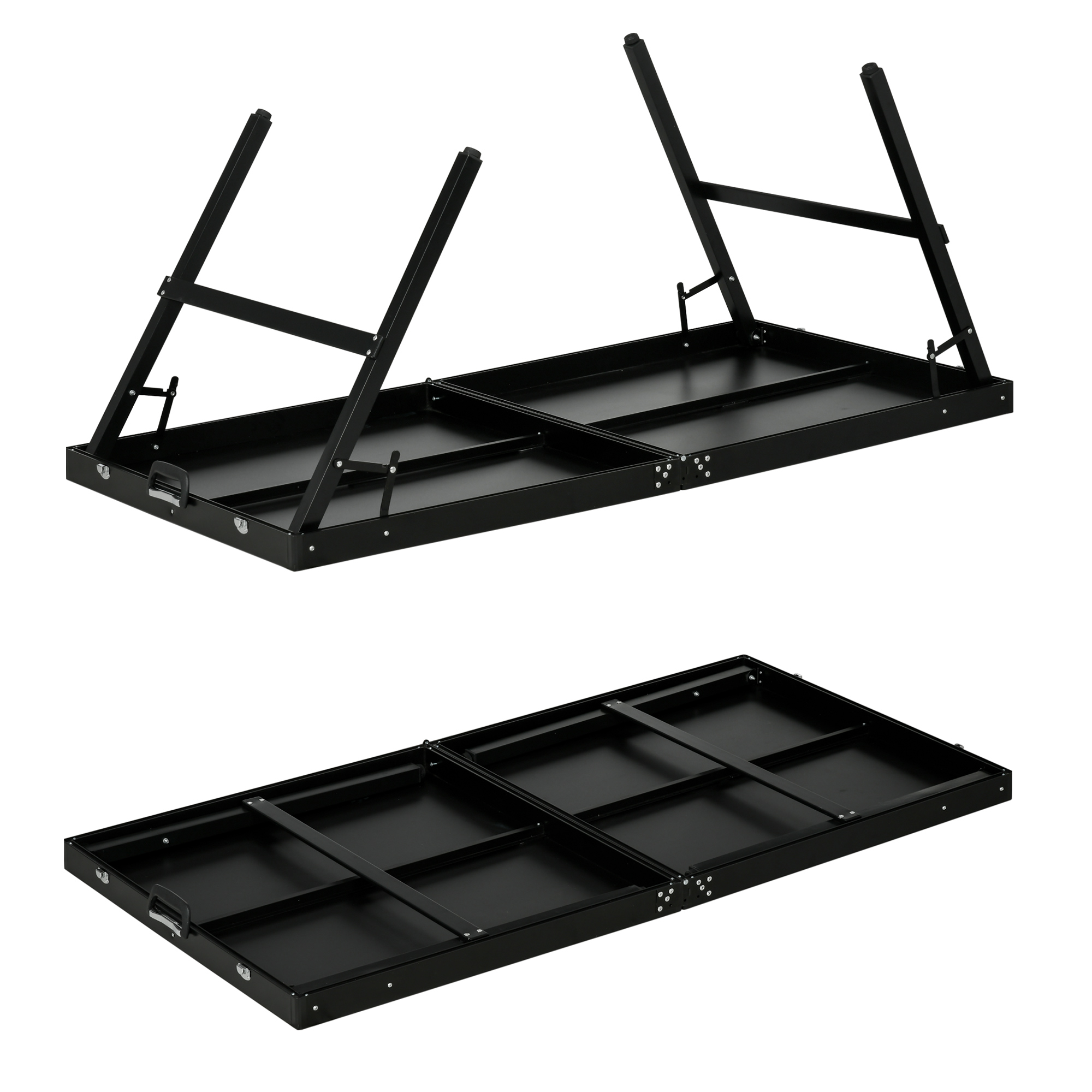 Una mesa plegable negra con patas extendidas y plegadas, vista desde abajo.