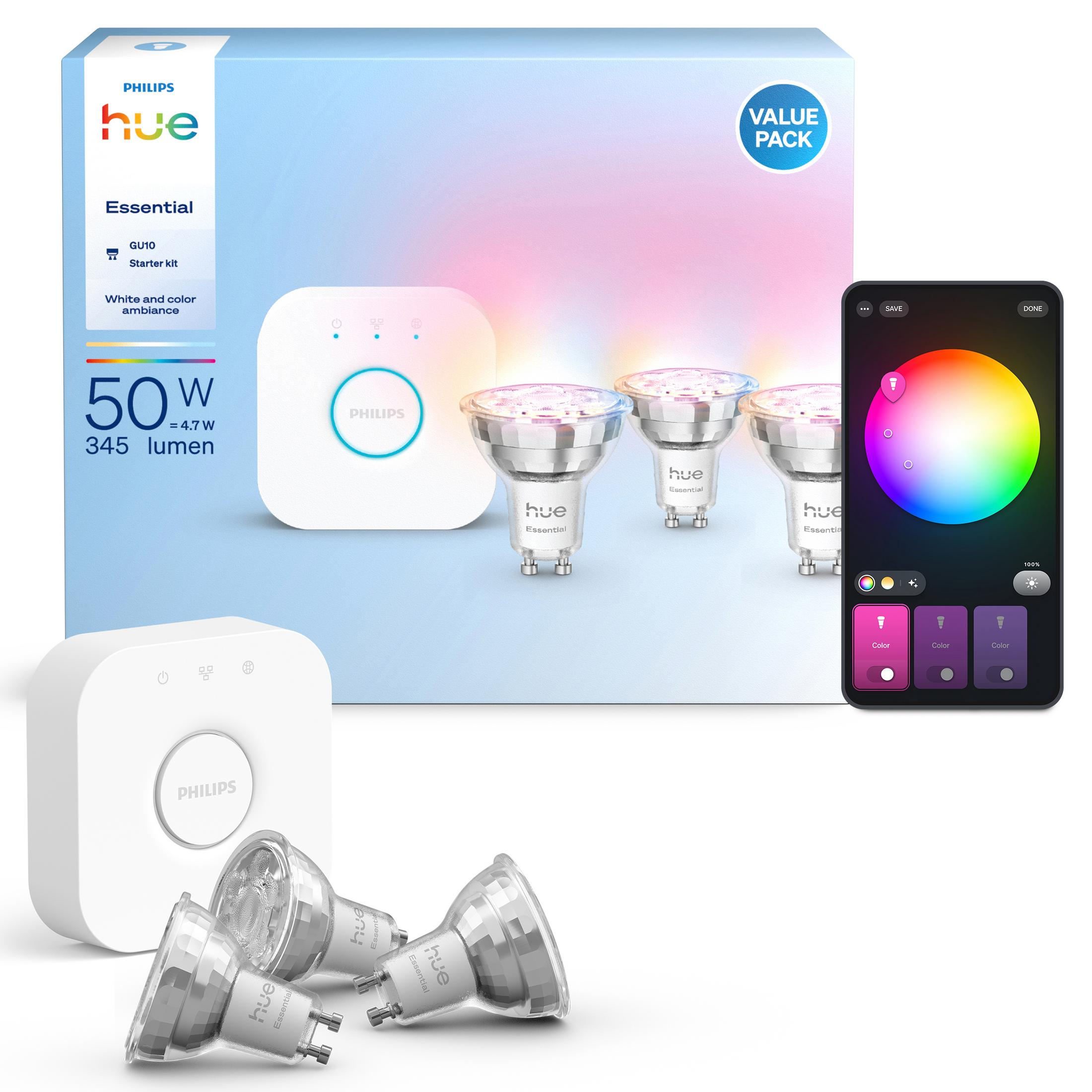 Philips Hue Essential GU10 başlangıç kiti ampuller ve uygulama kontrolü ile.