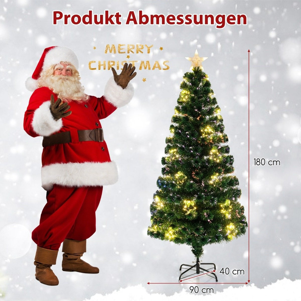 Kerstman naast verlichte kerstboom, productafmetingen 180cm hoog.
