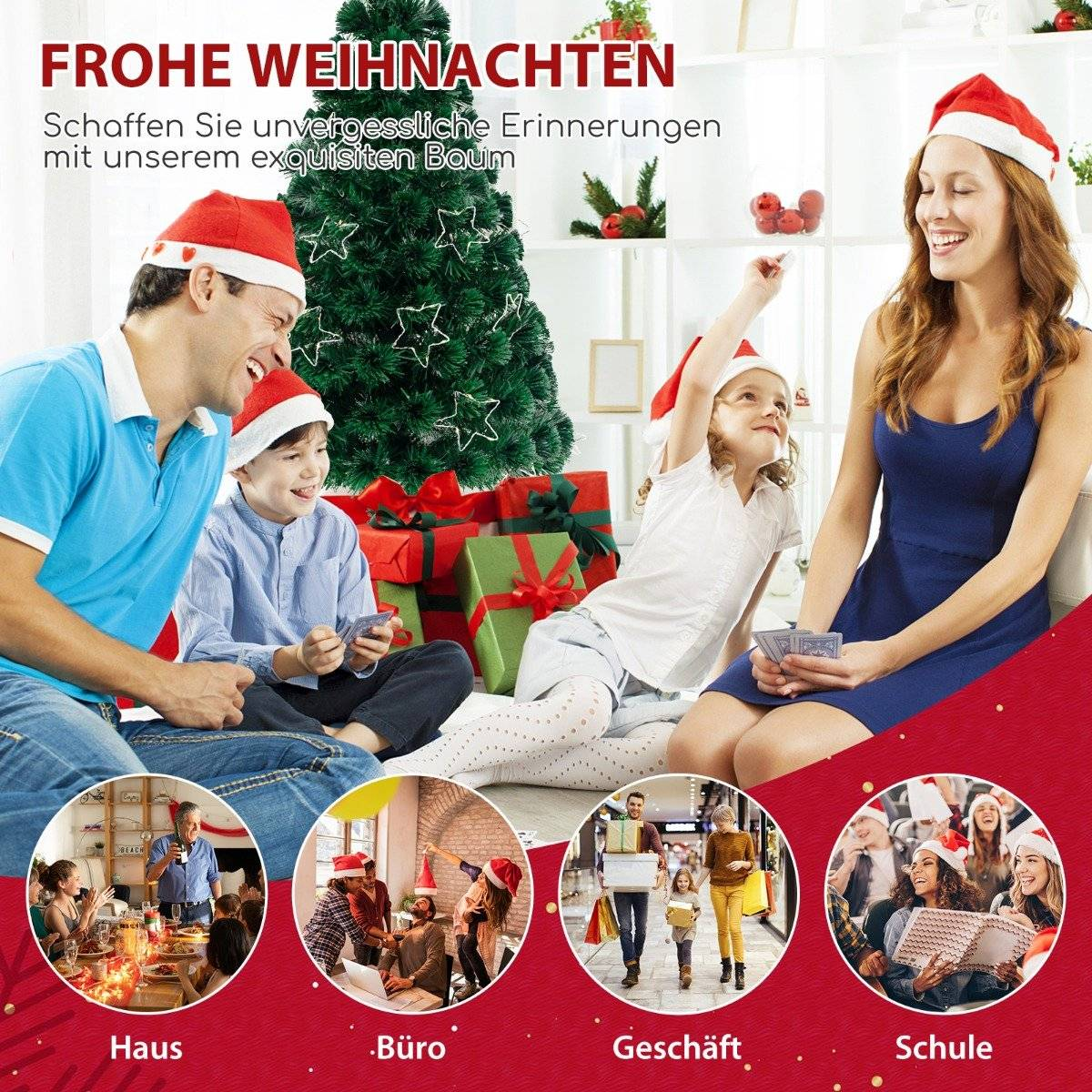 Familie viert Kerstmis met cadeaus, kerstboom en kerstmutsen.