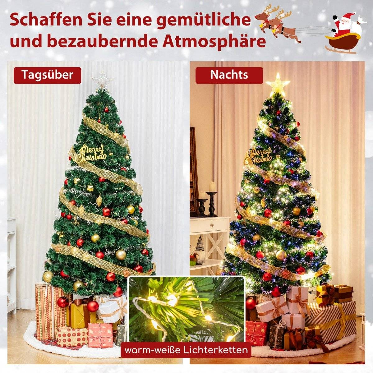 Een versierde kerstboom overdag en 's nachts met cadeaus.