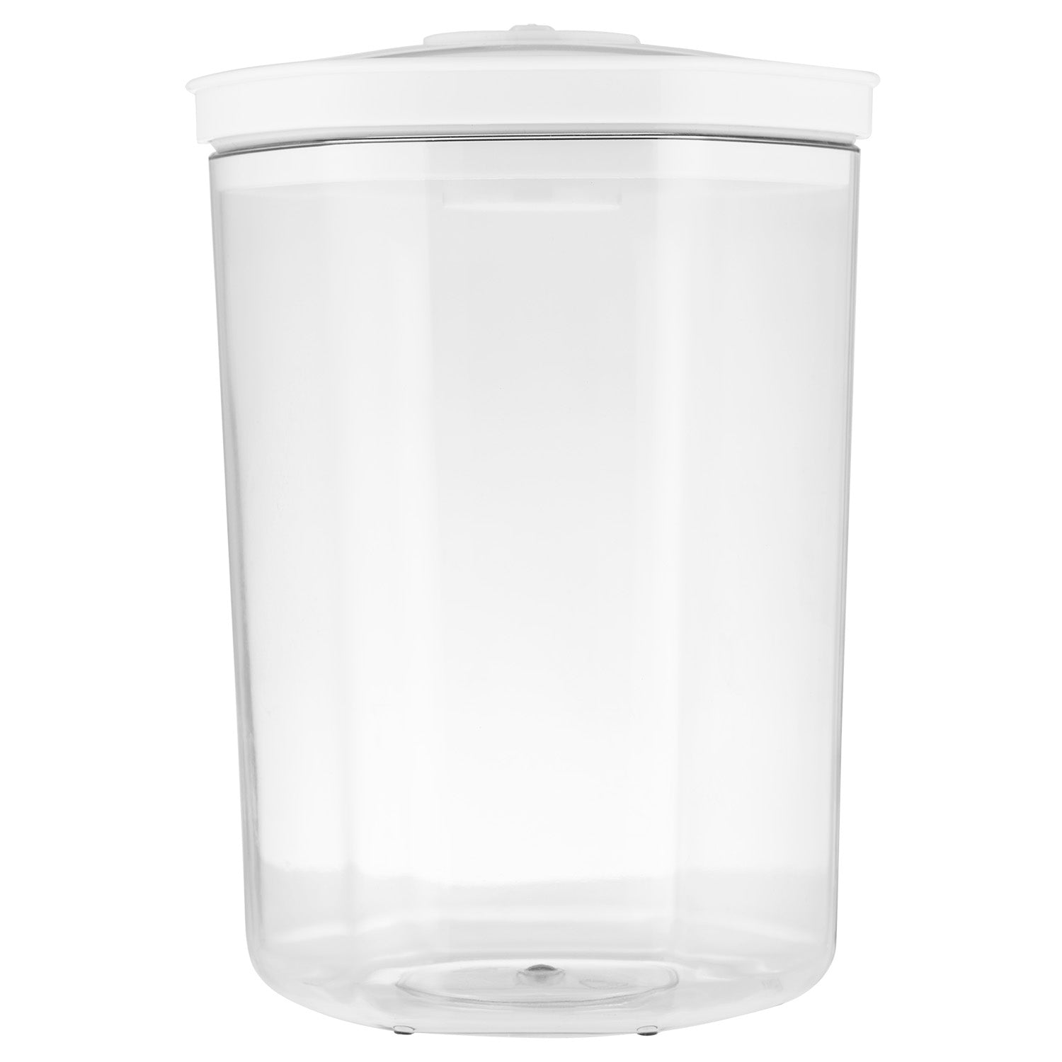 Een doorzichtige, hoge container met een wit deksel op een witte achtergrond.