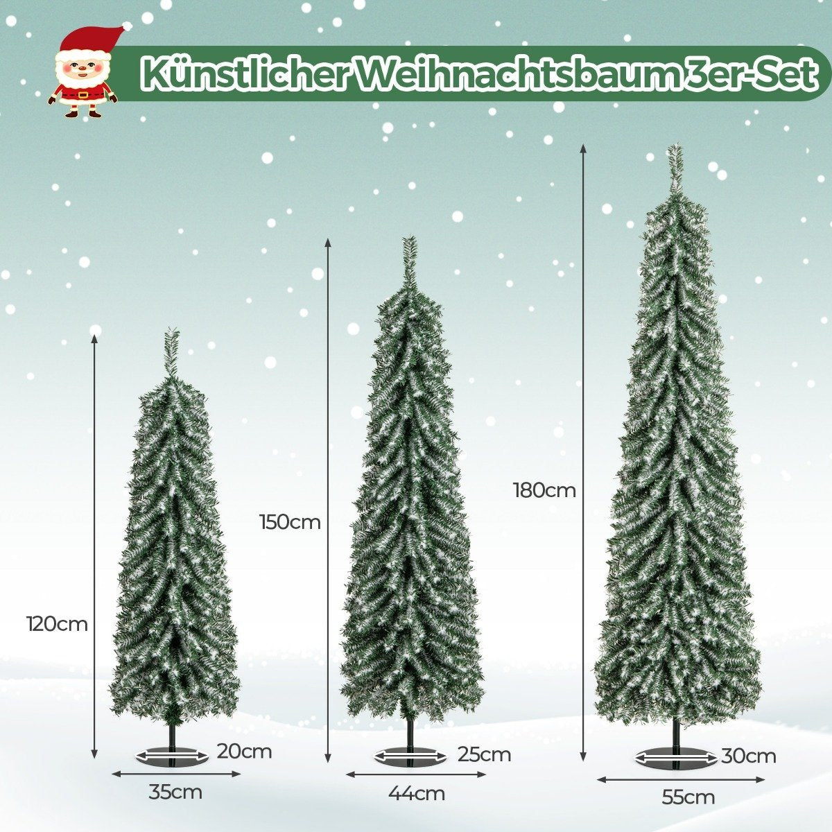 Drie kunstkerstbomen in verschillende maten met sneeuw.