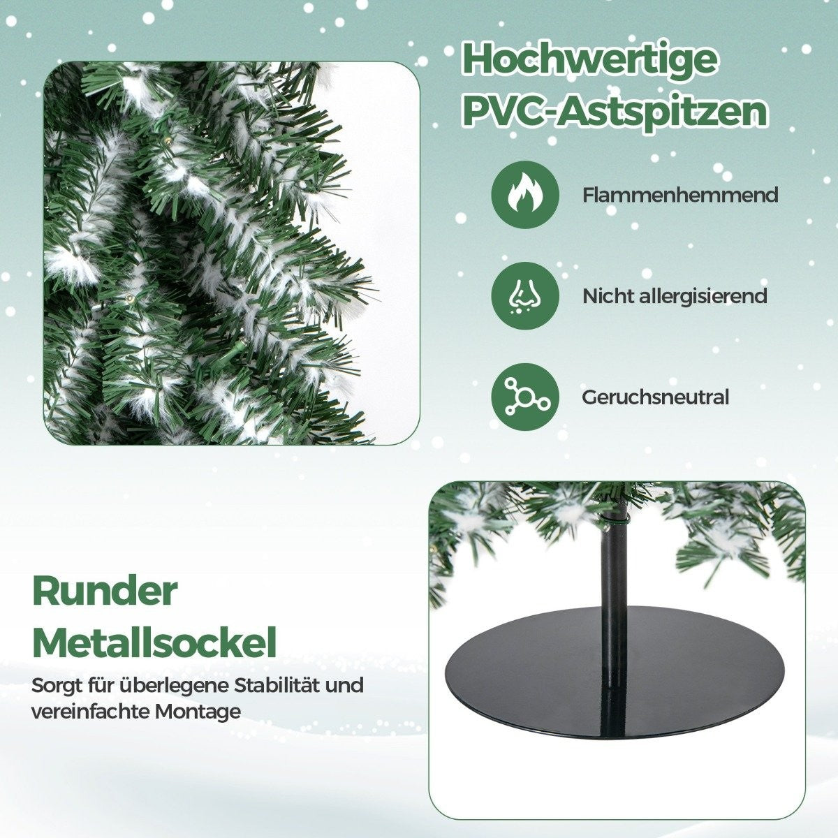 Close-up van een kunstkerstboom met PVC-punten en een ronde metalen voet.