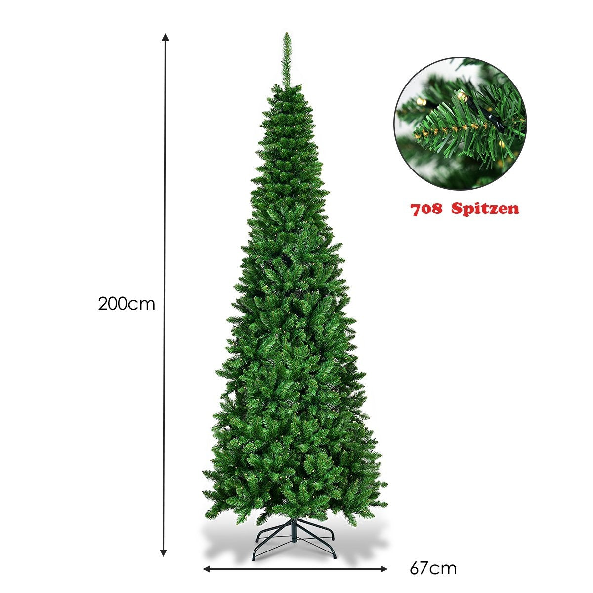 Een 200 cm hoge, 67 cm brede groene kerstboom met 708 takken.