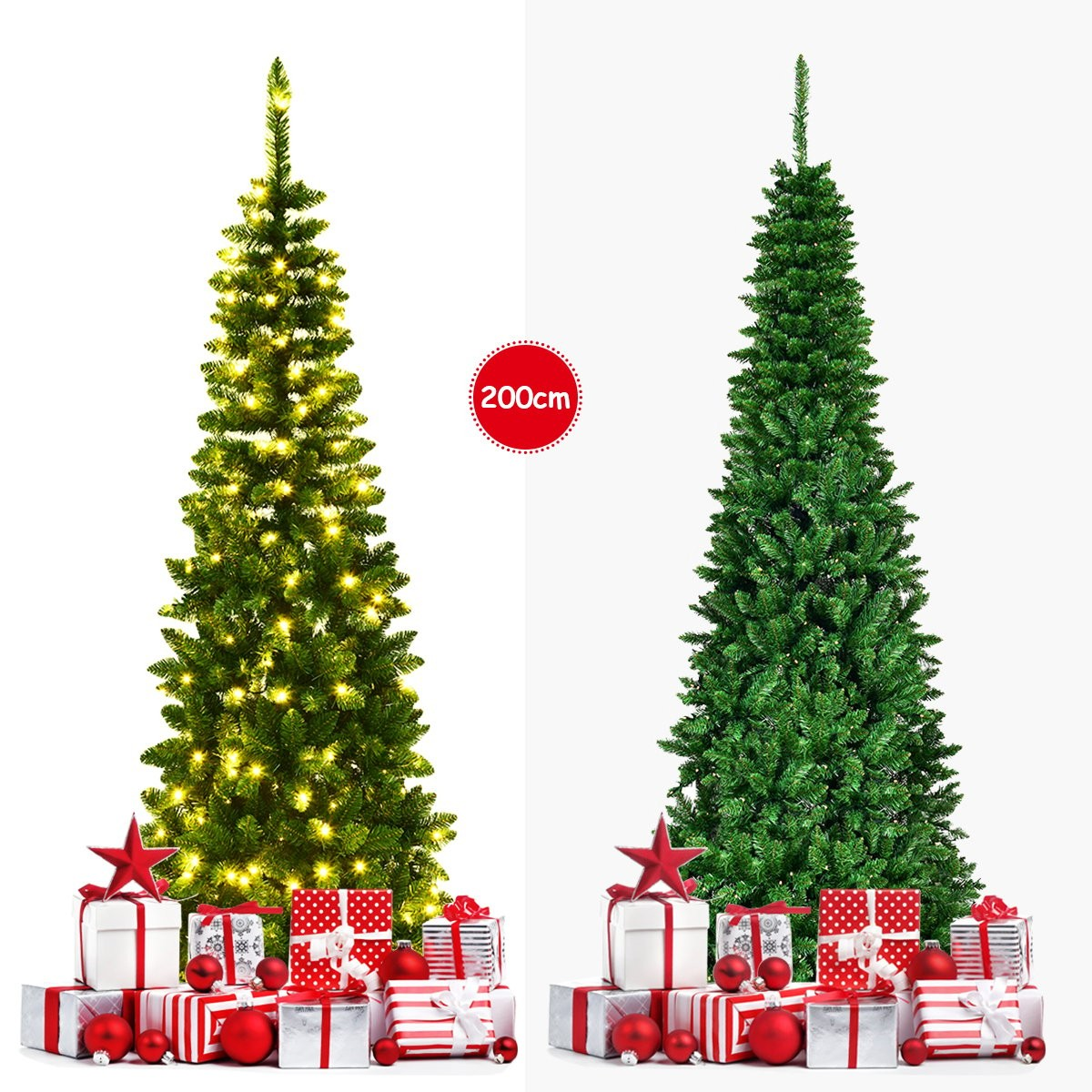 Twee groene kerstbomen, één verlicht, met cadeaus en sterren.