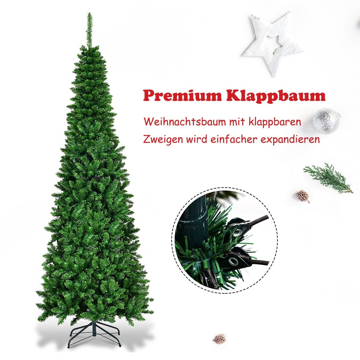 Een groene kerstboom met zwarte standaard en een ster erboven.