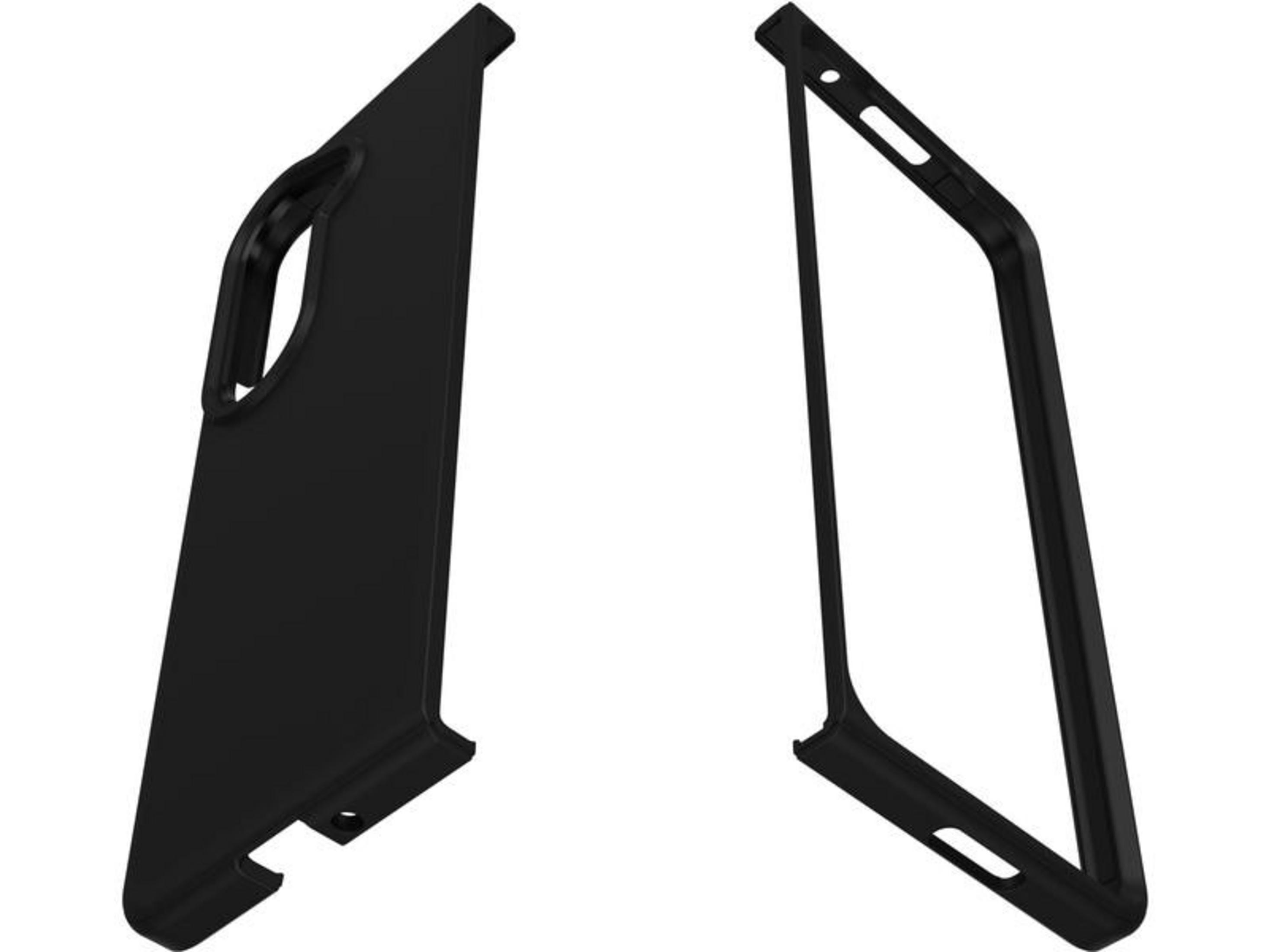 Twee zwarte telefoonhoesjes worden naast elkaar getoond op een witte achtergrond.
