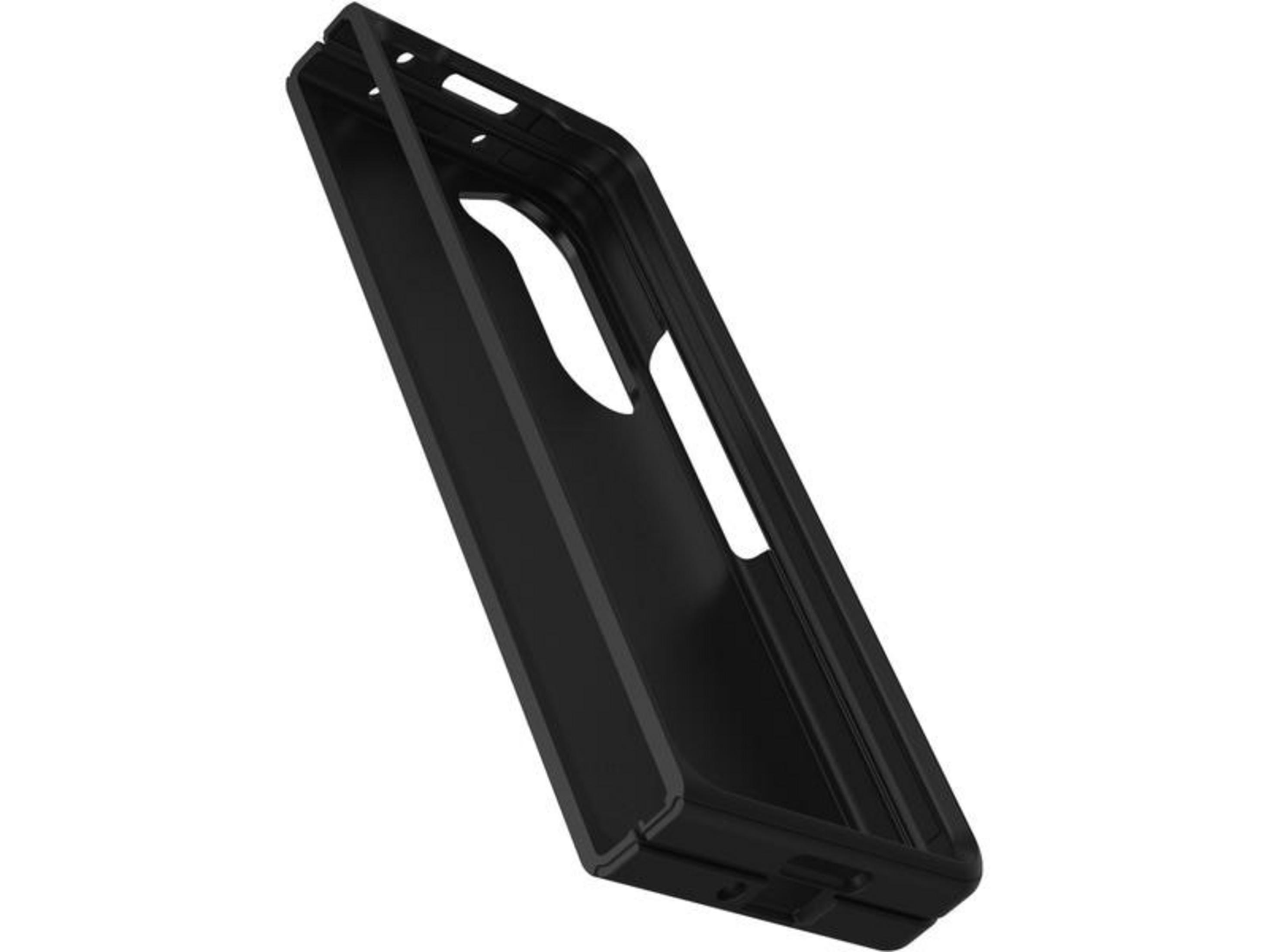 Zwart, rechthoekig telefoonhoesframe met uitsparingen voor knoppen en camera.