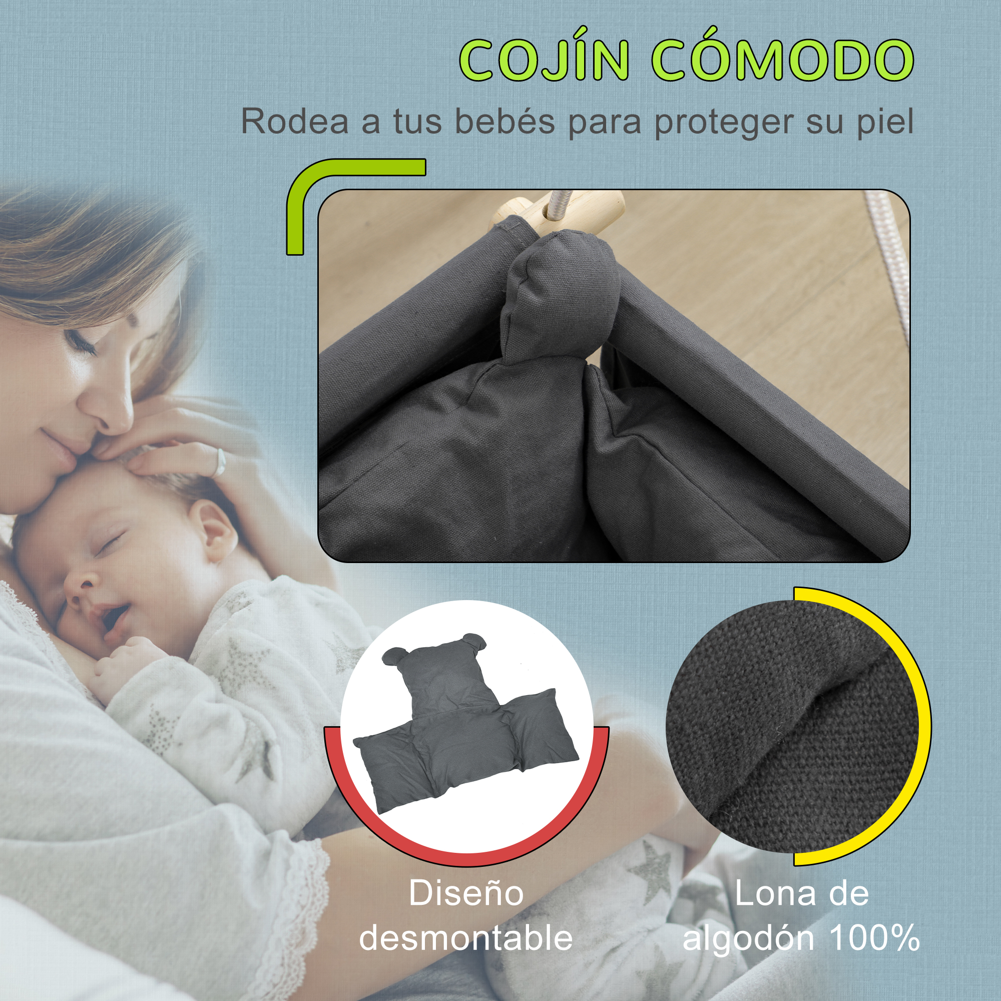 Un bebé duerme en brazos de su madre. Se muestra un cojín.